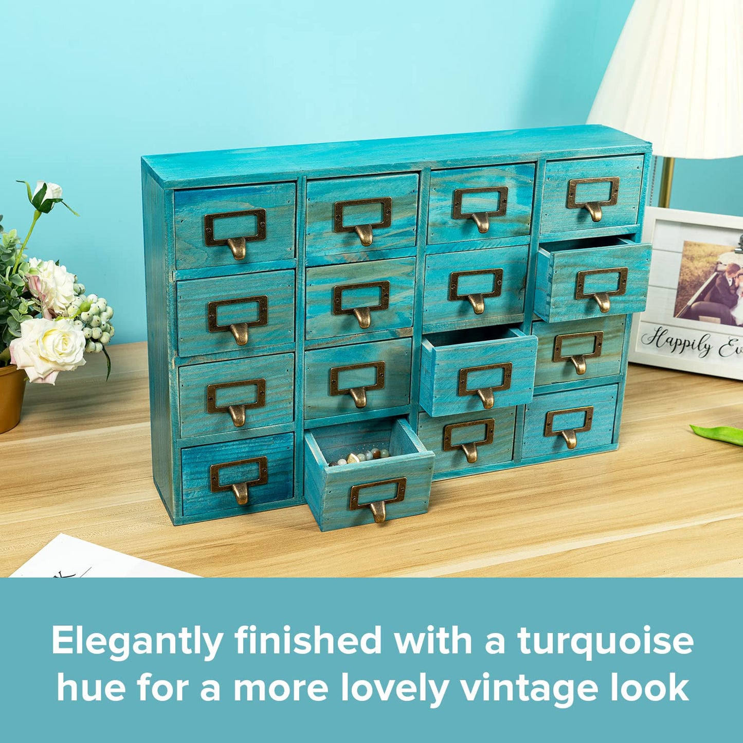 Teal 16-Slot Wooden Drawer Unit - Country Style Desk Organizer Box - 20"x3.6”x14” Wooden Storage