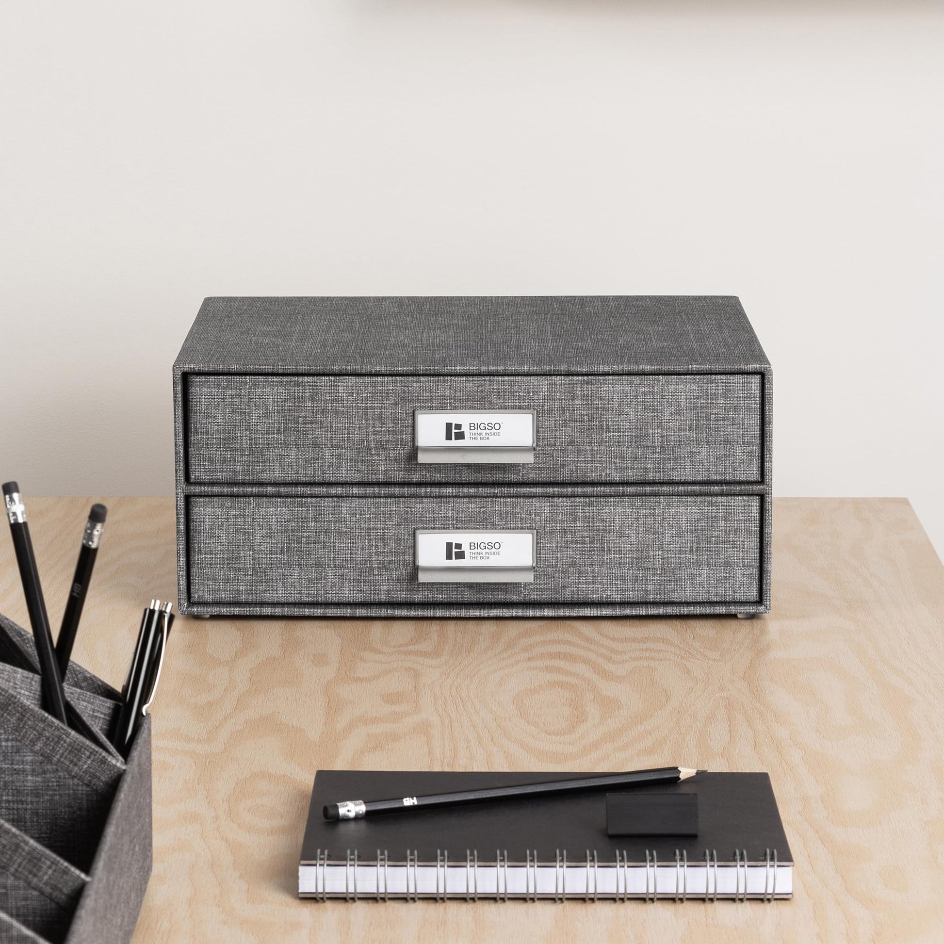 Bigso Birger 2-Drawer Canvas Fiberboard Easy Pull Handle Box - Desktop Drawers for A4 and Letter
