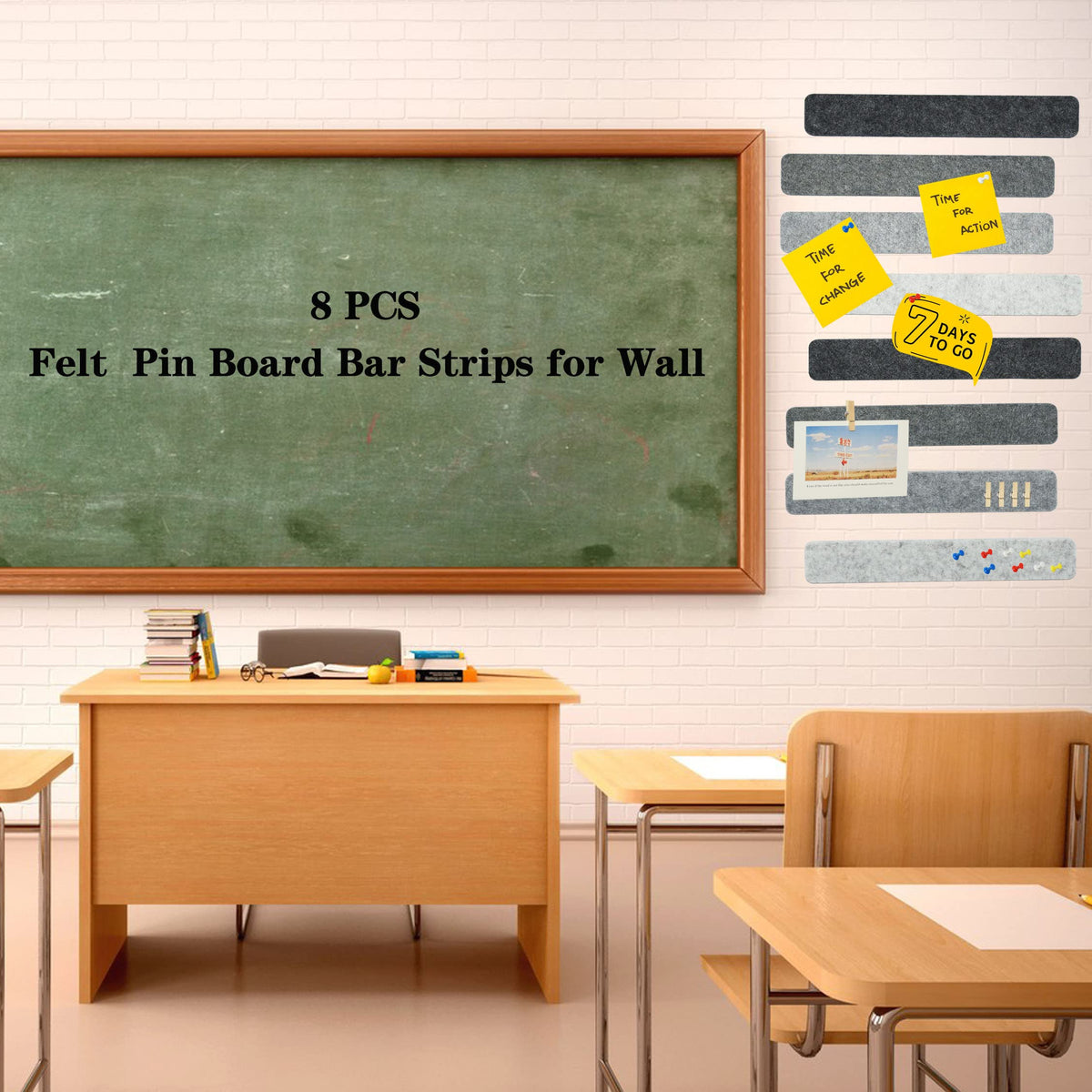 YOUDEFUL 8Pcs Bulletin Board Strip, Felt Cork Board with 50 Pushpins