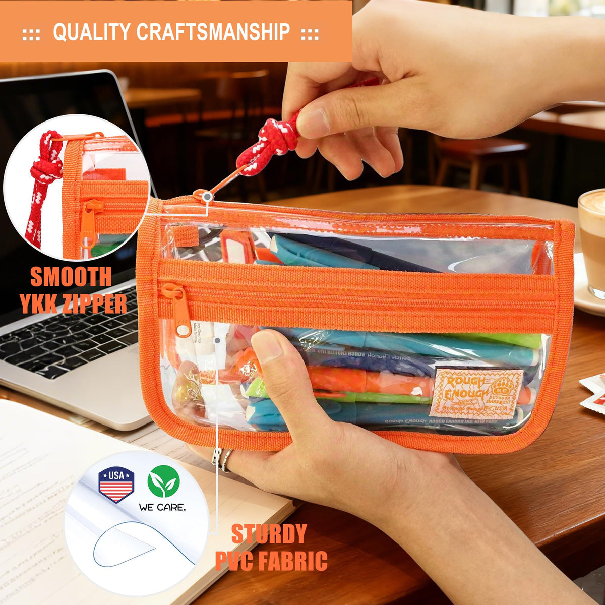 Rough Enough Clear Pencil Case for School, 60+ Pencils Capacity, Orange