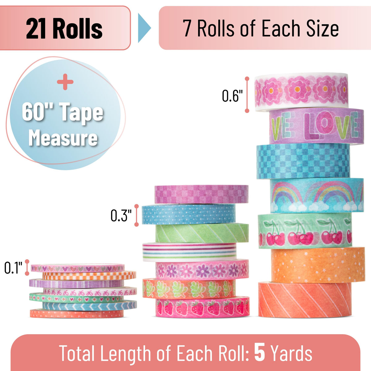 Mr. Pen- Washi Tape Set, 21 Rolls, Assorted Sizes, Pastel Bliss