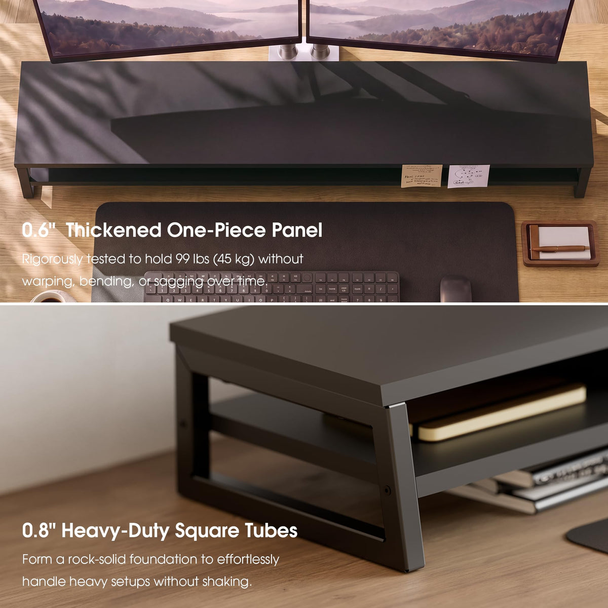 Fenge Dual Monitor Riser for Desk, Open Shelf with 3 Storage Compartments