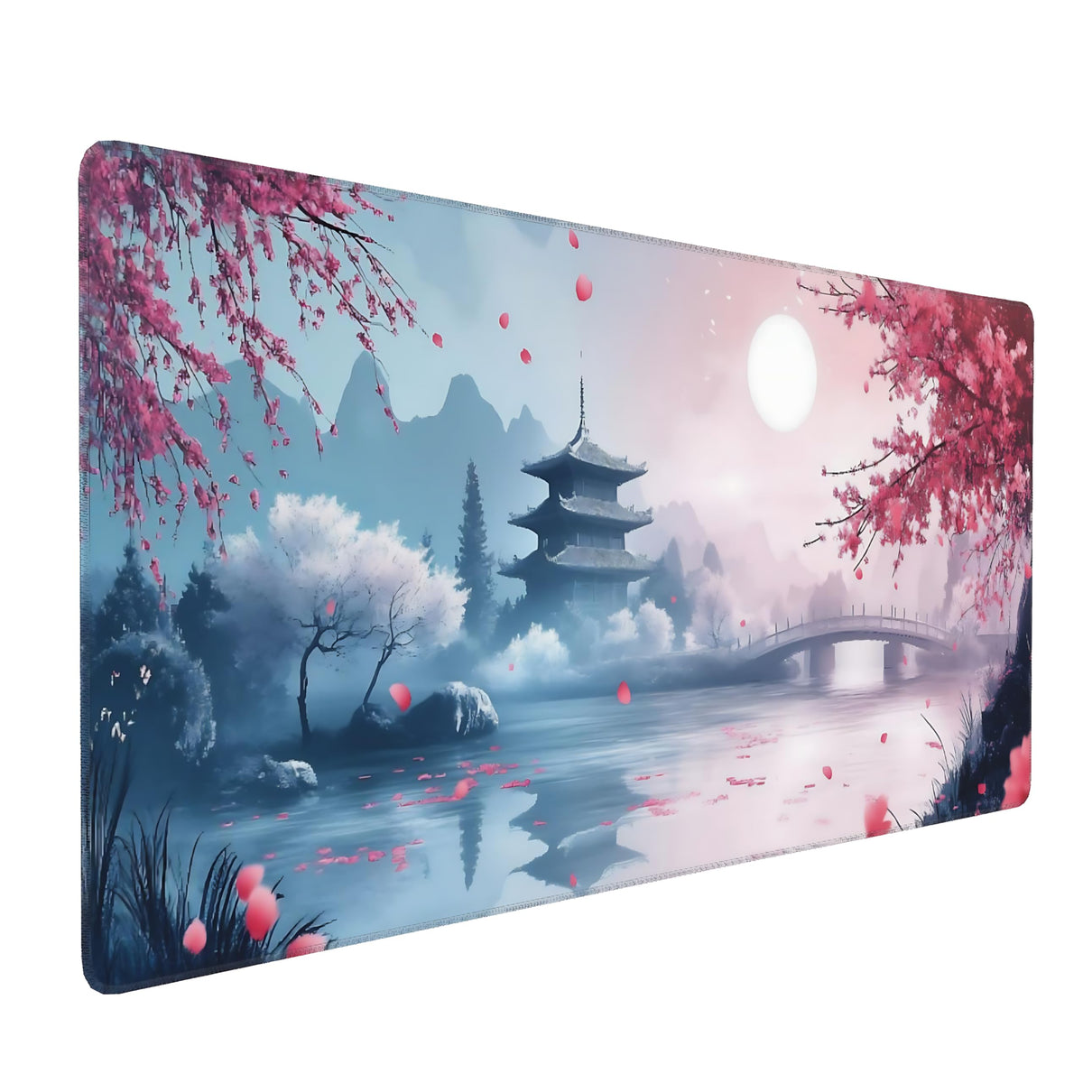 Aesthetic Scenery Gaming Mouse Pad, Blue Pink Japanese Desk Mat with Anti-Slip Base & Stitched