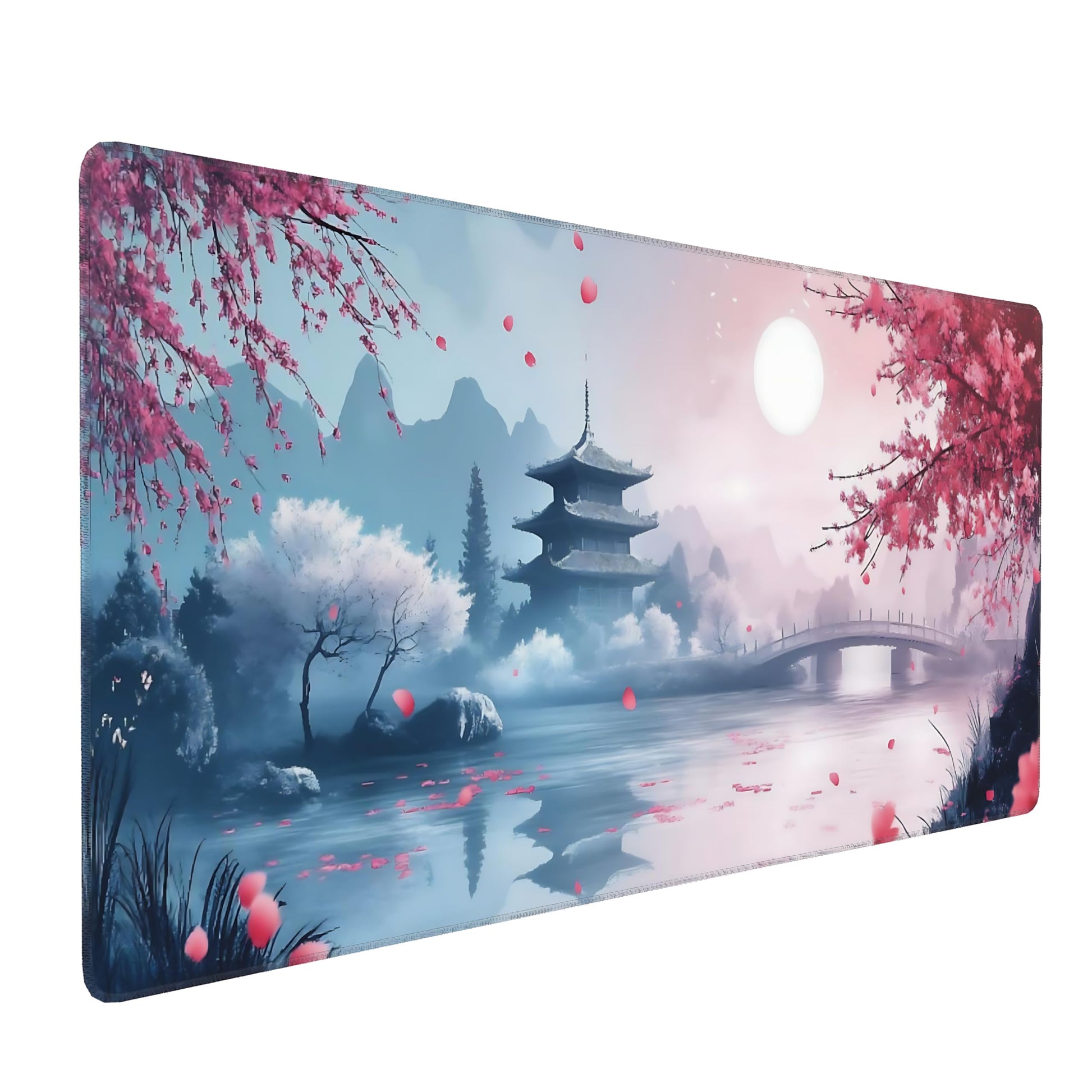 Aesthetic Scenery Gaming Mouse Pad, Blue Pink Japanese Desk Mat with Anti-Slip Base & Stitched