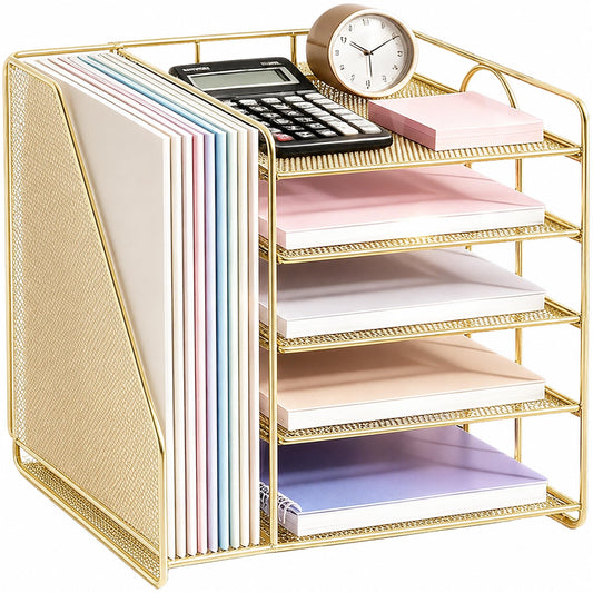 OPNICE Desk Organizer, 5-Tier Paper Organizer Letter Tray, Gold
