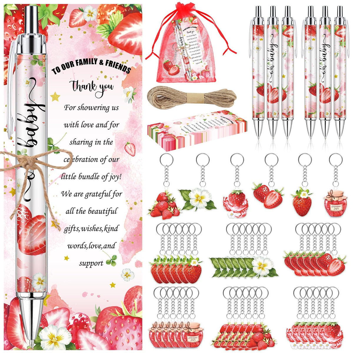 EYNDYN 289 Pieces Strawberry Baby Shower Favors for Guest Berry Sweet Baby Ballpoint Pens and