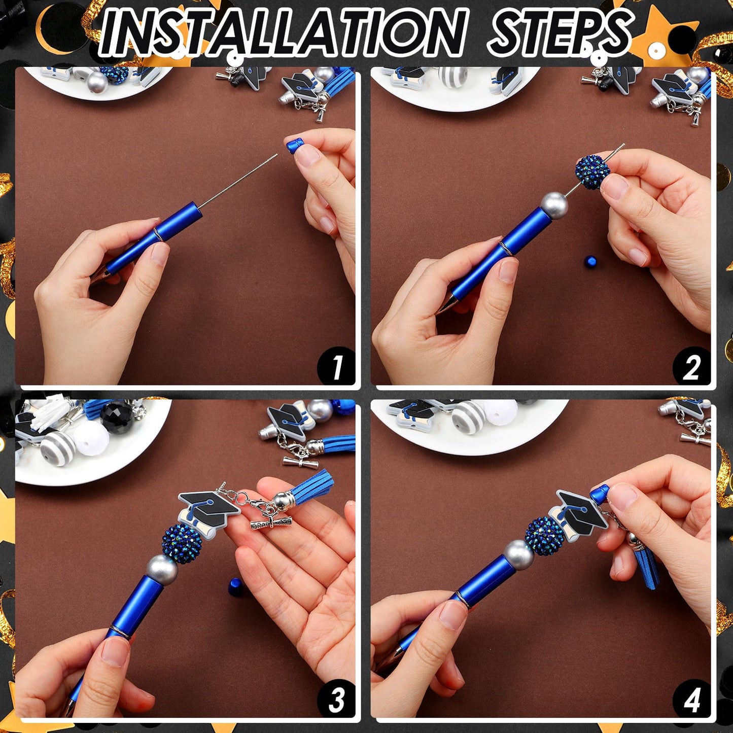 Jutom 12 Pcs Graduation Beadable Pens with 50 Pcs Focal Beads 12 Tassels 12 Cap Pendants DIY Making