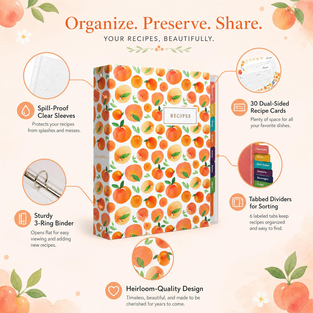 Jot & Mark Recipe Binder 8.5x11 | Spill-Proof Sleeves | Peach Dream