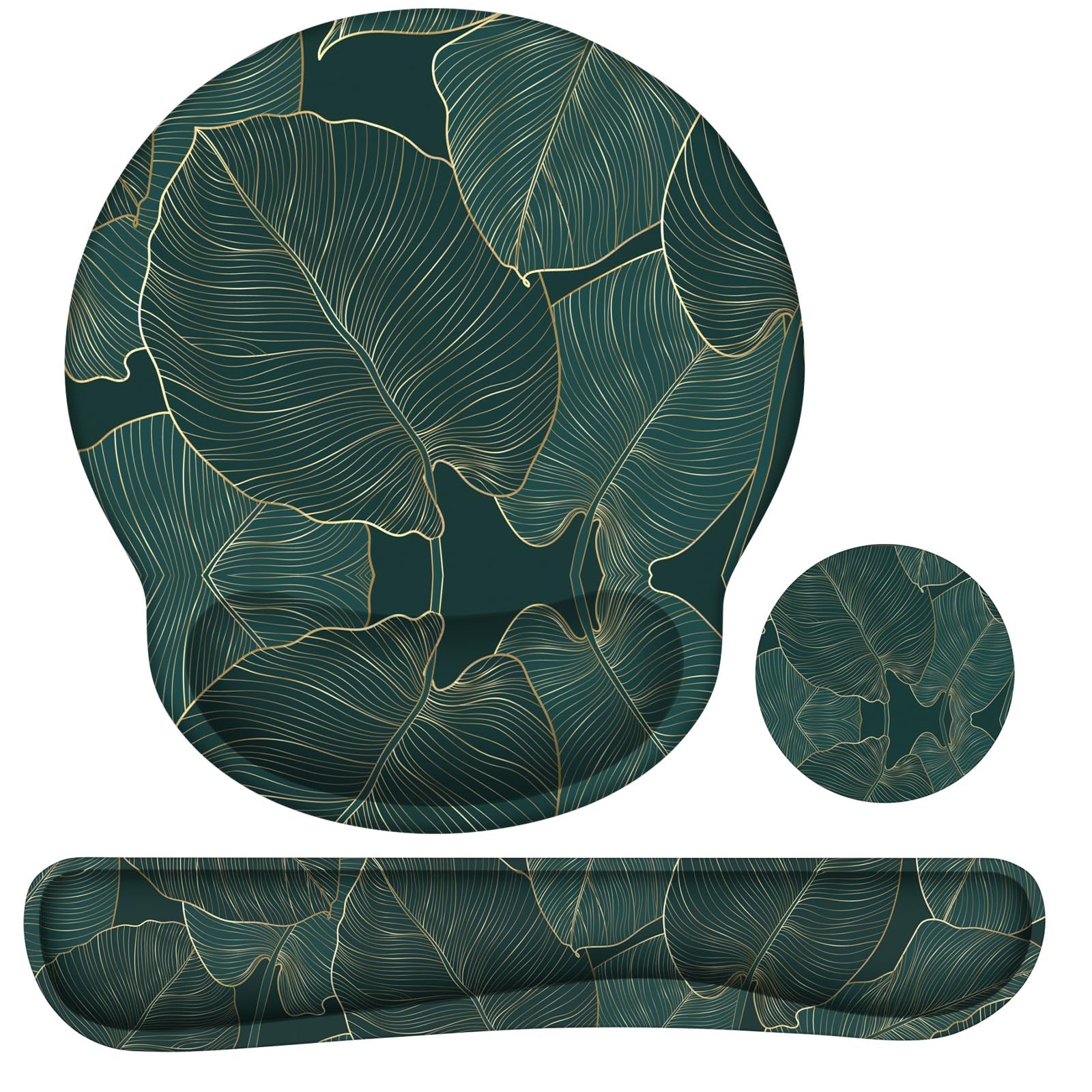 iLeadon Ergonomic Mouse Pad with Wrist Support, Green Leaves Desk Mat Set