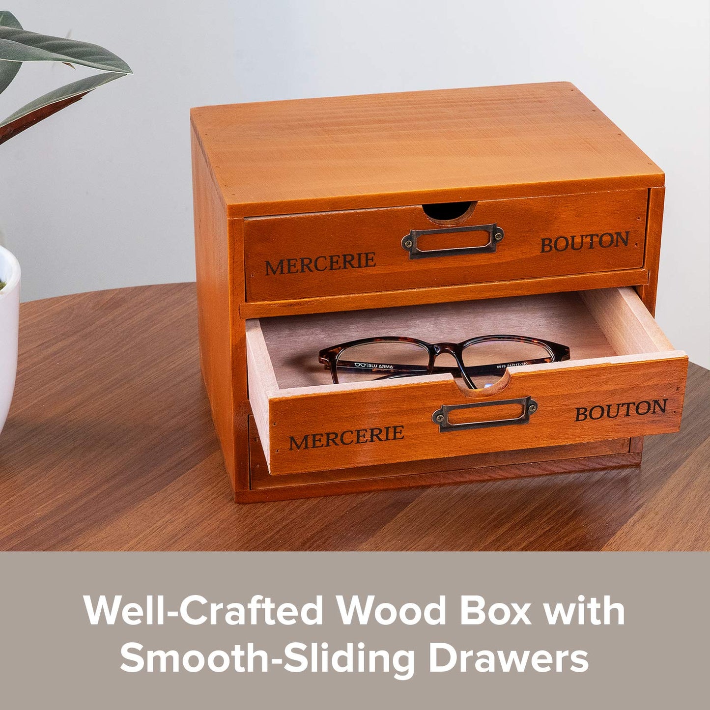 Vintage 3-Drawer Organizer for Desk - Wooden Box with 3 Storage Drawers - Solid Wood Table Top