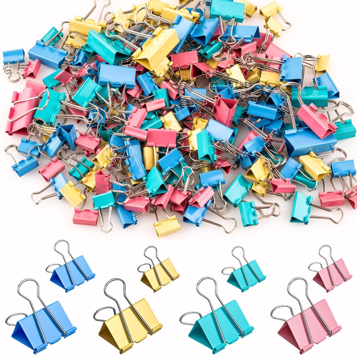 200 Count Colored Binder Clips Assorted Sizes, 4 Sizes Large, Medium, Small, Mini, Metal Paper