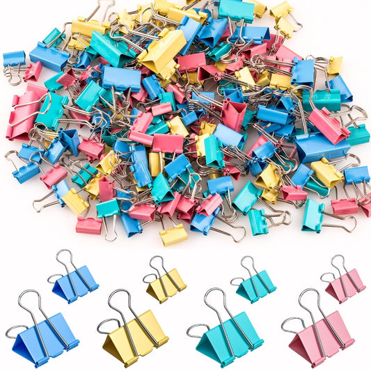 200 Count Colored Binder Clips Assorted Sizes, 4 Sizes Large, Medium, Small, Mini, Metal Paper