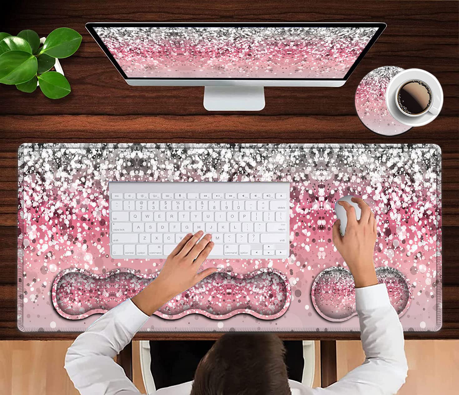 Pink Mouse Pad,Keyboard Mouse Pad Set,Extended Gaming Mouse Pad + Memory Foam Keyboard Wrist Rest