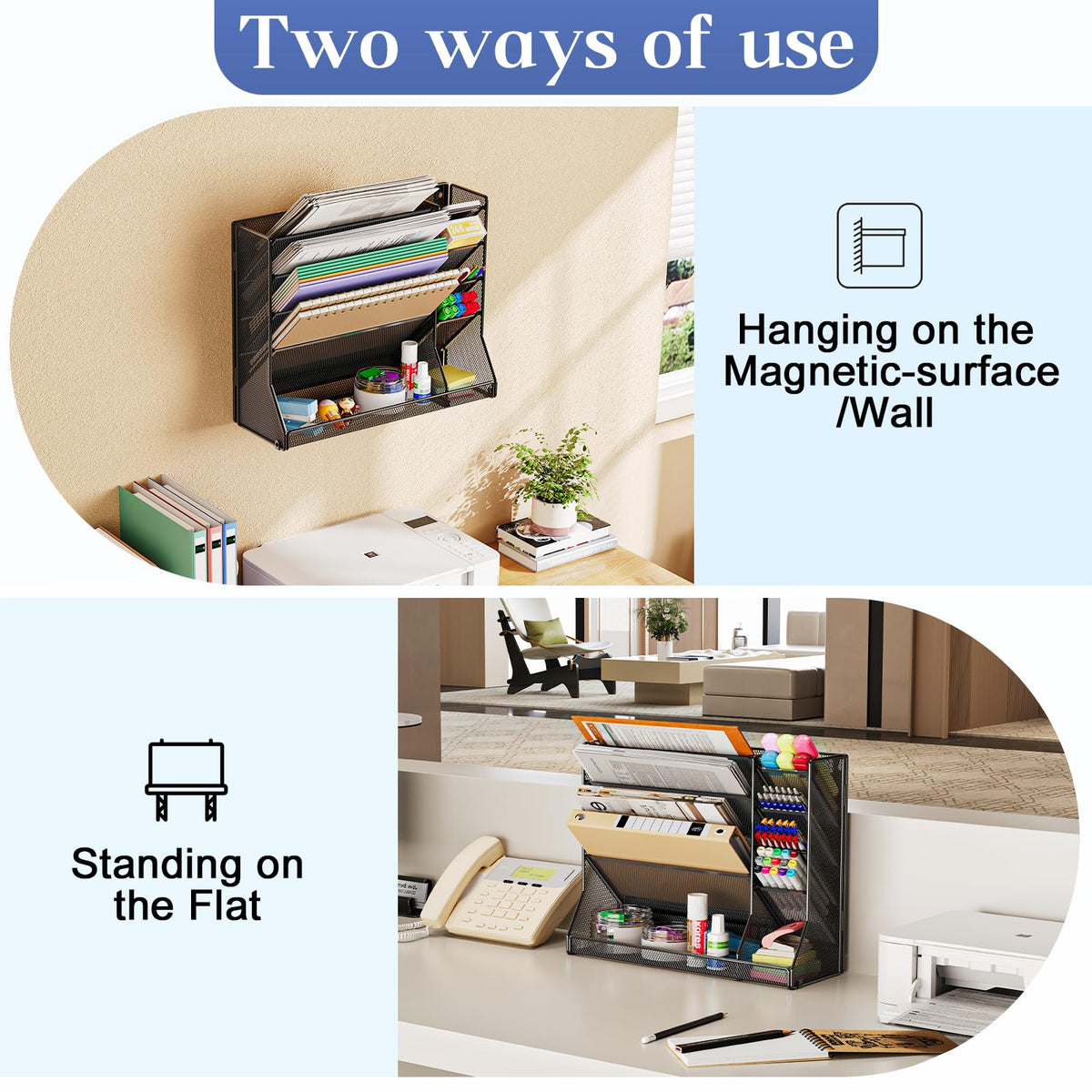 Jakyitvi 5-Tier Magnetic File Organizer R-Shaped Base Wall Hanging Black