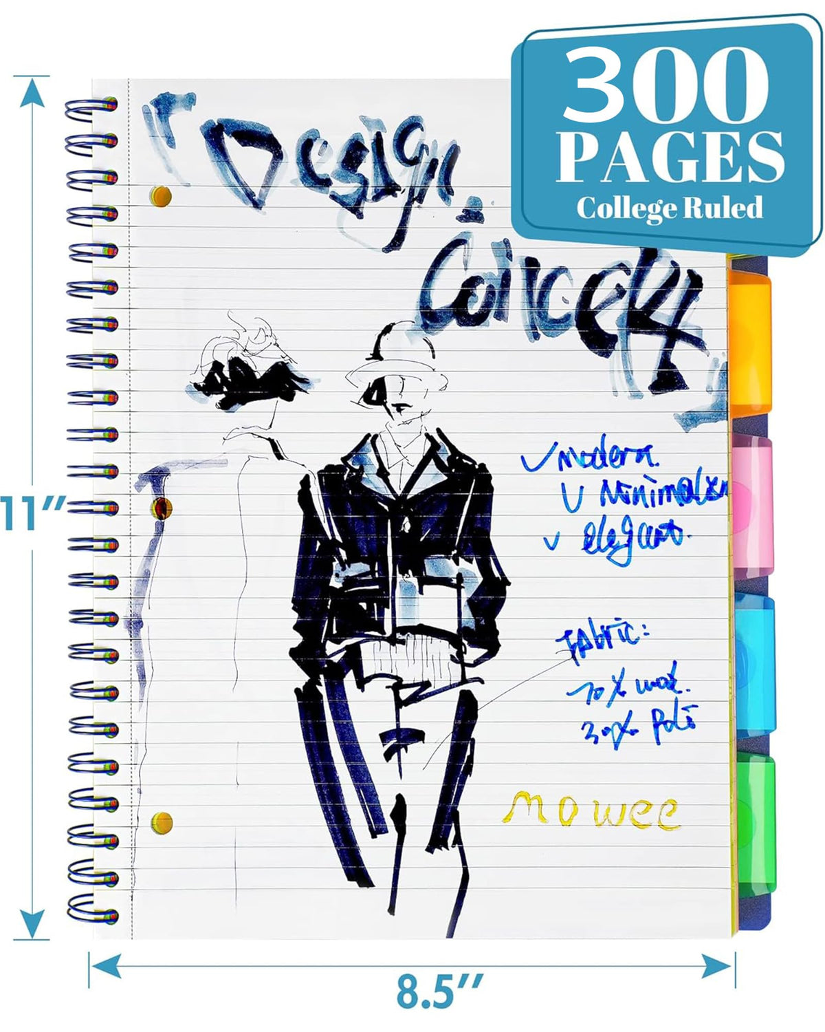 MOWEE 5-Subject Spiral Notebook, College Ruled, with Pocket & Tab Dividers