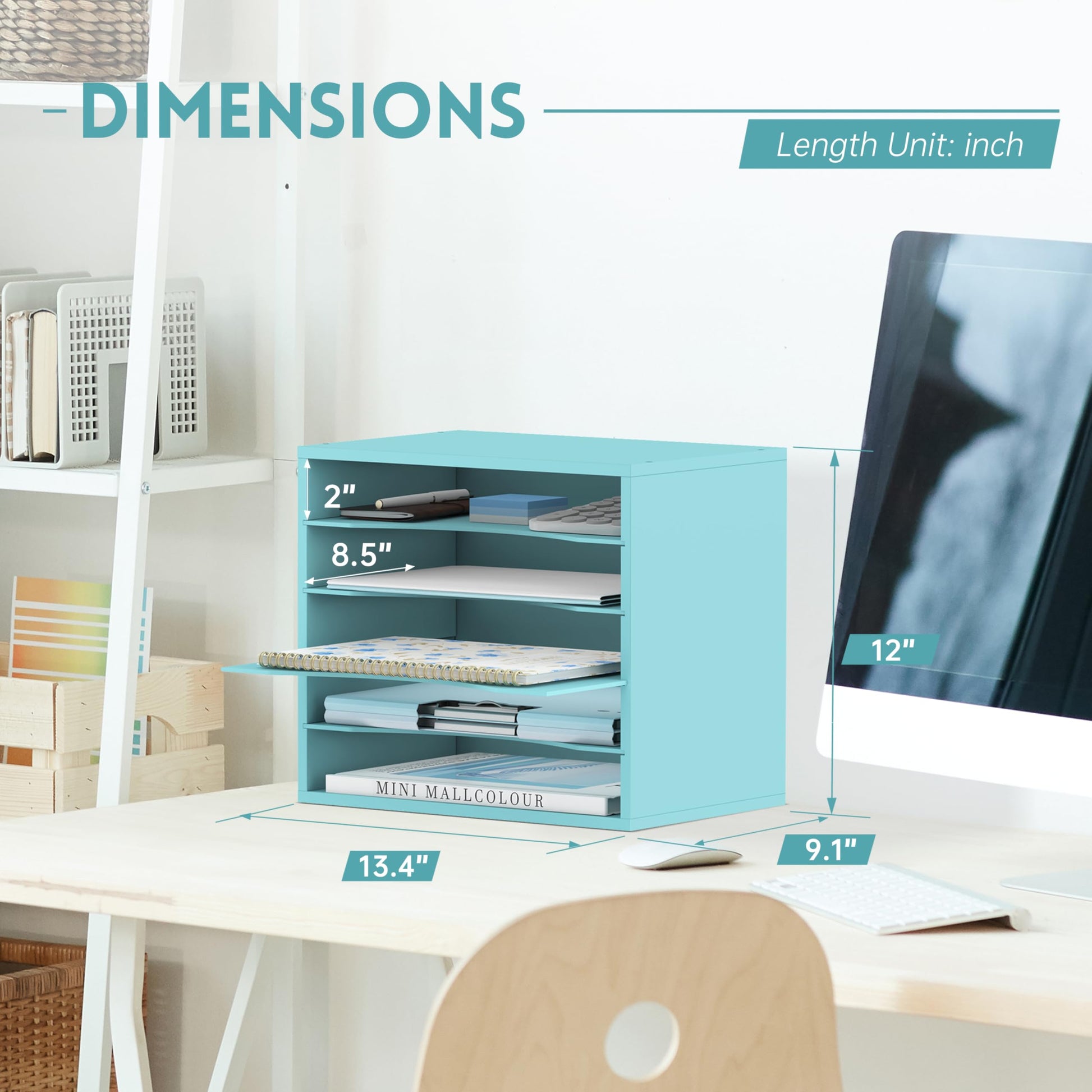 5 Tier Wood Desk Organizer, Mail Sorter and Paper Organizer for Desk, Blue