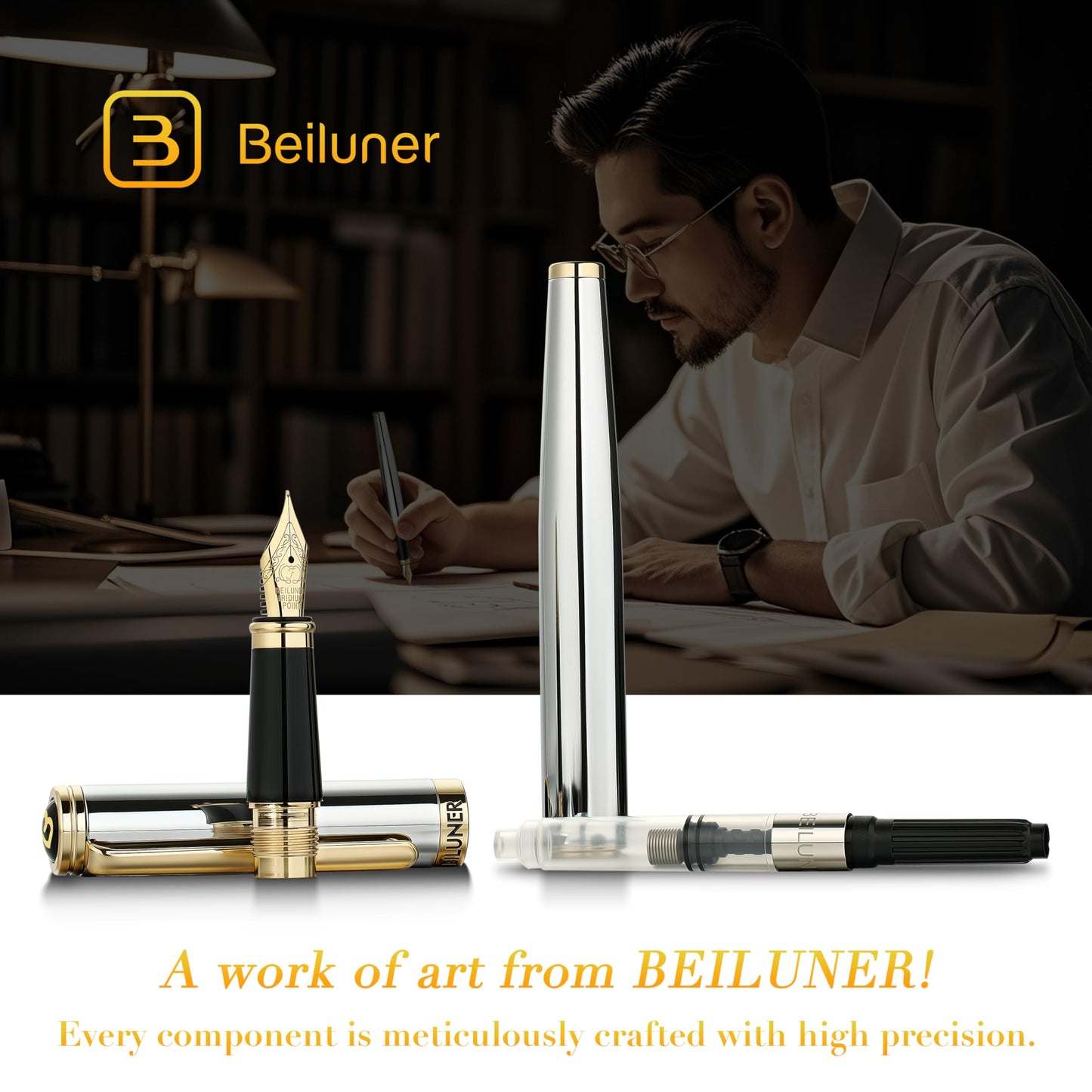 BEILUNER Silver Chrome Fountain Pen,Stunning Luxury with 24K Gold Accents, Gorgeous 24K Gilded