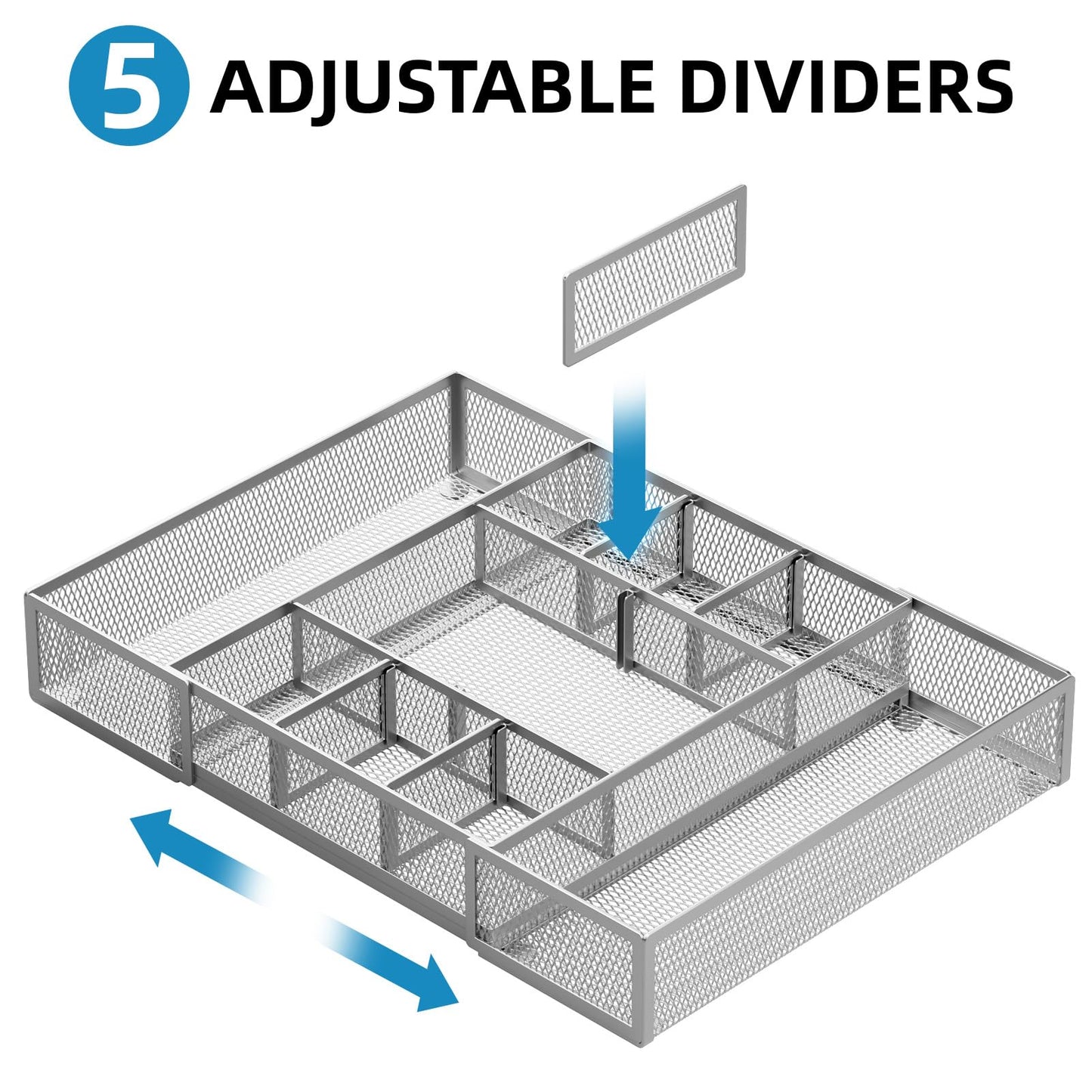 Marbrasse Expandable Desk Drawer Organizer, Mesh Tray with 10 Adjustable Compartments, Desk