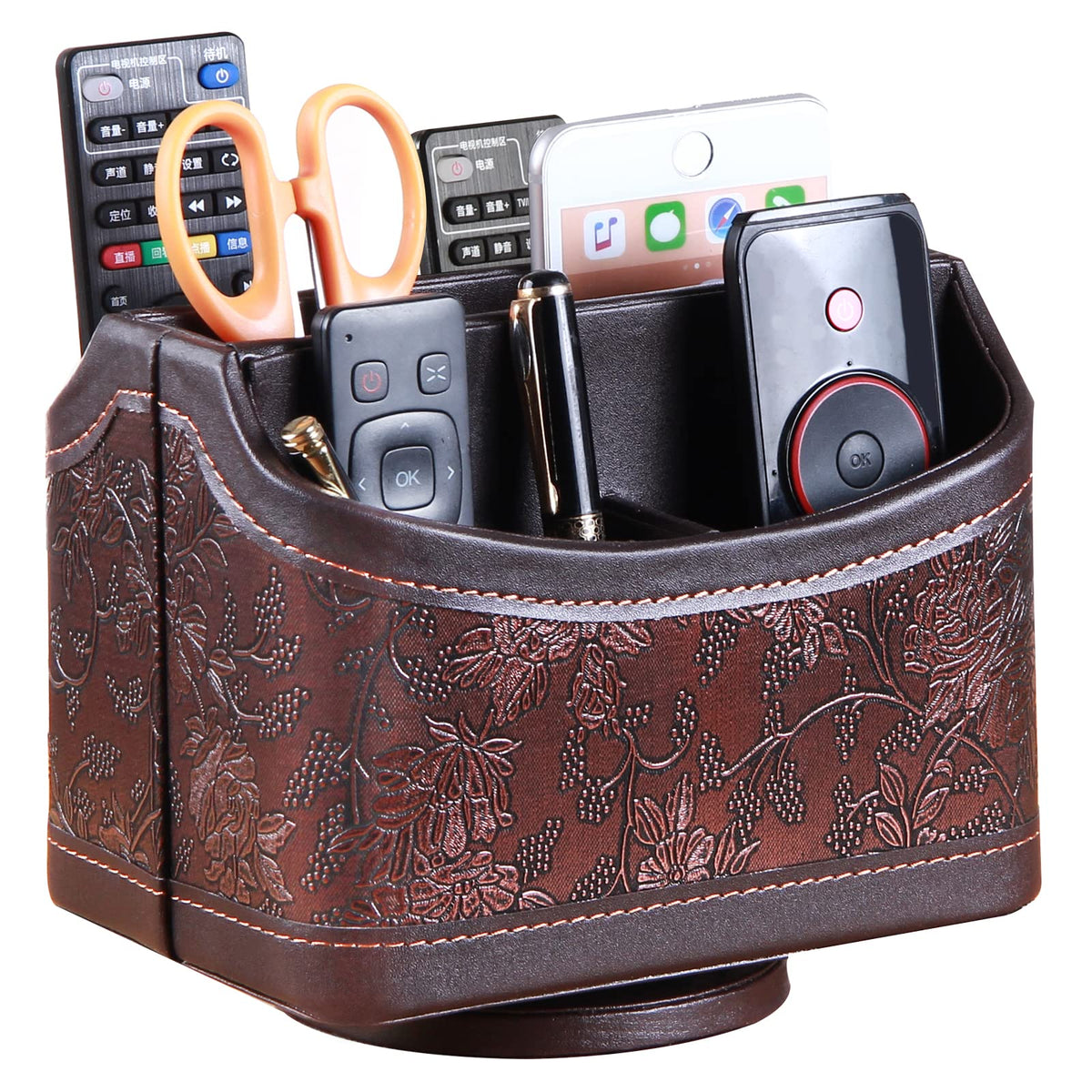PU Leather 360° Rotatable Remote Control Holder,Nightstand TV Remote Caddy