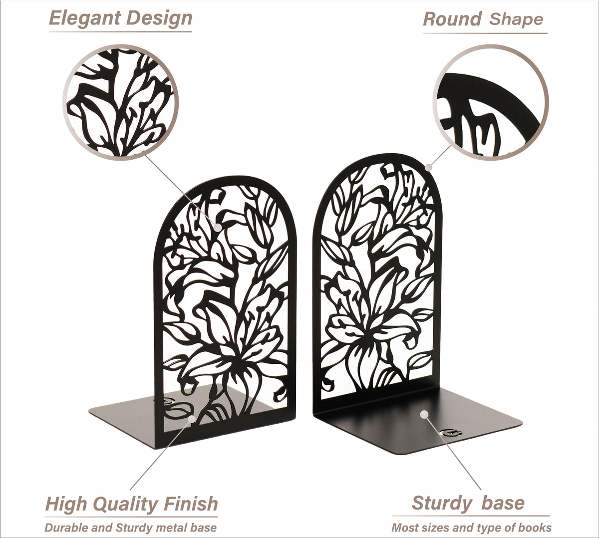 CNK Premium Bookends for Home Office, Heavy Books, Decorative Book Stoppers, Lily Flower Black