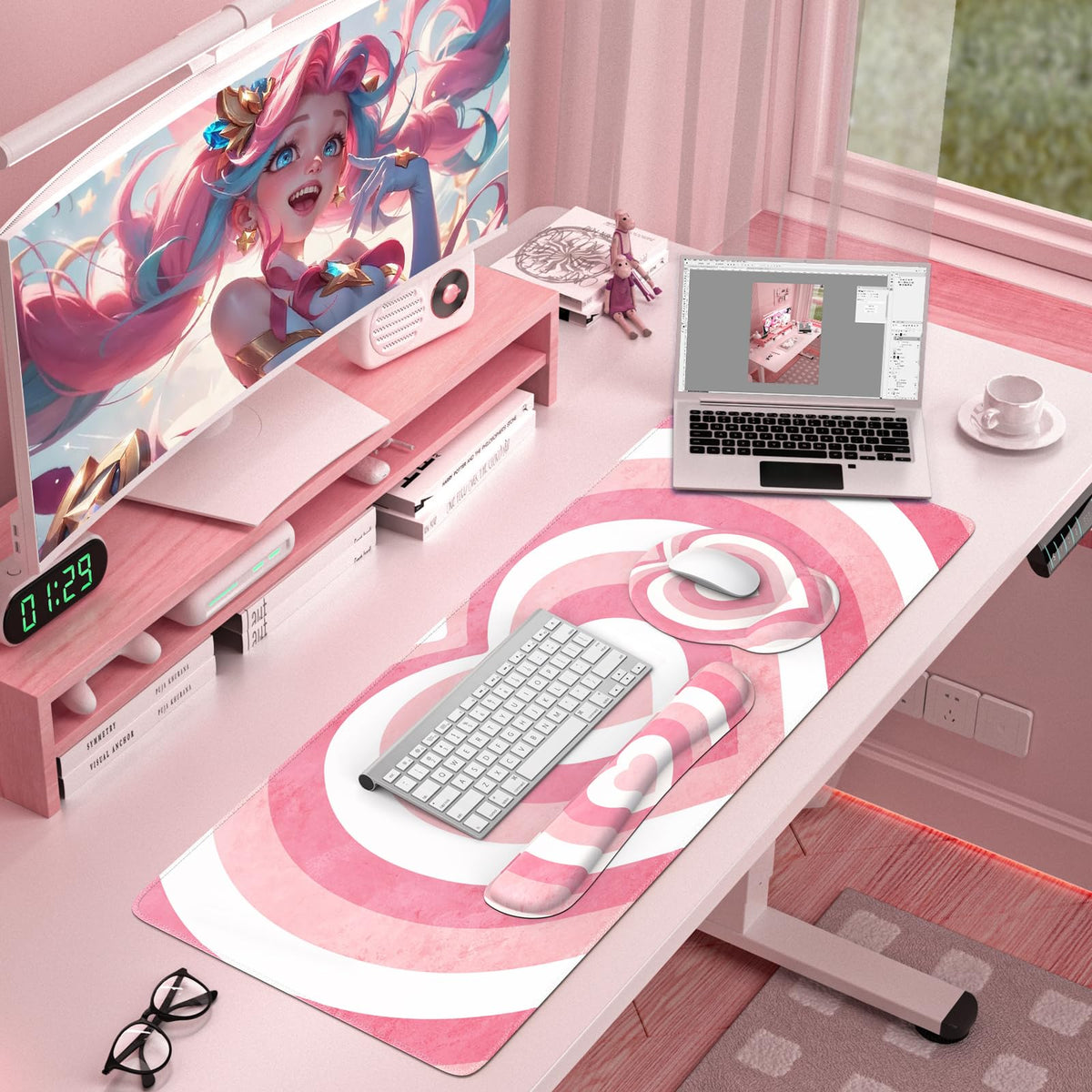 iLeadon Pink Desk Mat Set, 4in1 Mouse Pad Set with Wrist Rest