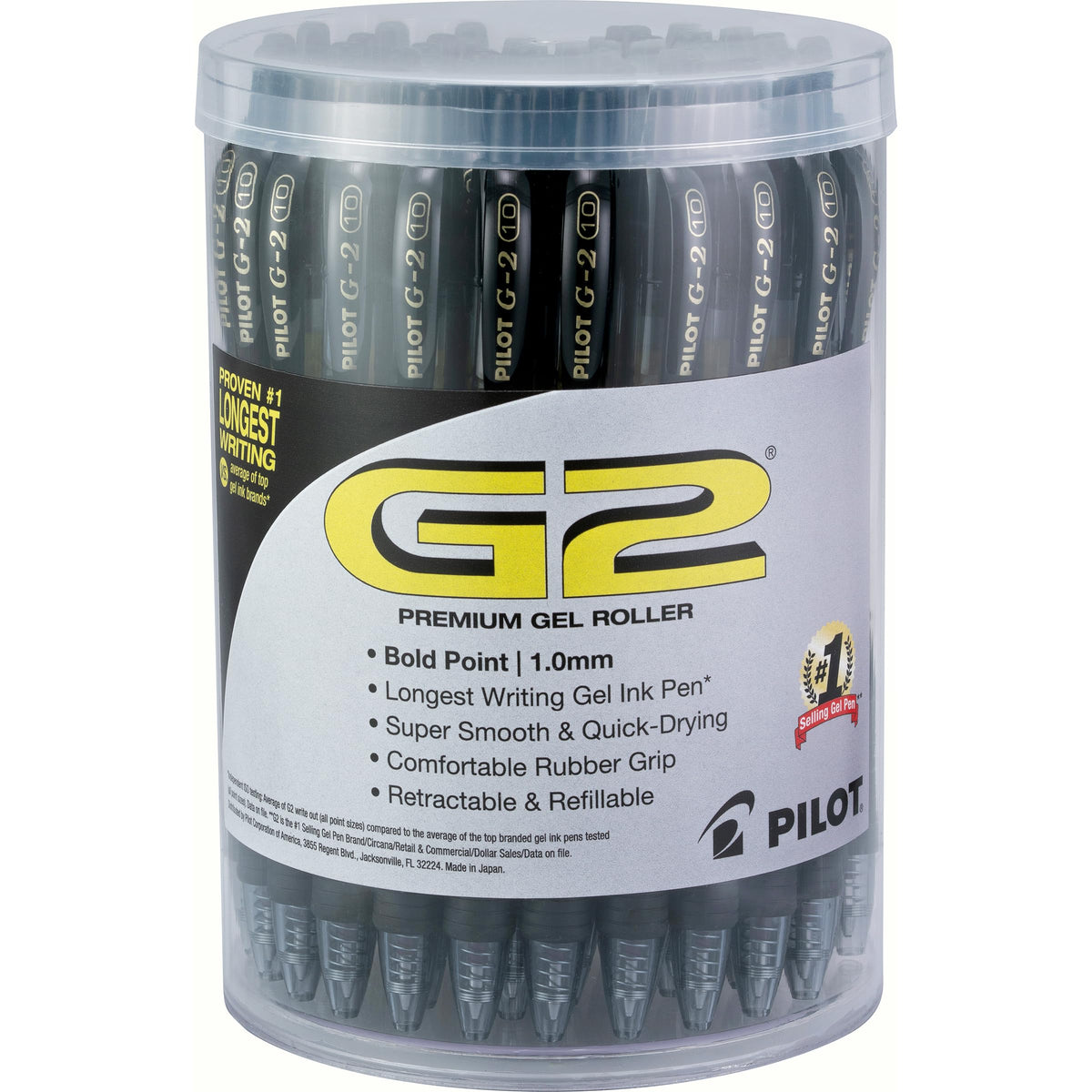 PILOT G2 Premium Gel Pens, Black Pens, Fine Point 0.7 mm, Tub of 48