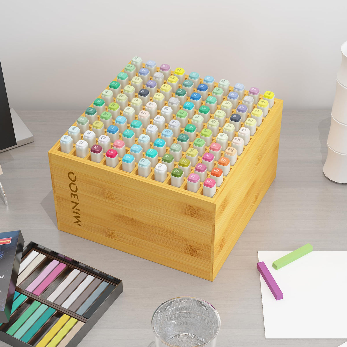 MinBoo Art Marker Storage Organizer for 100 Markers, Bamboo Art Supply Rack, Pens Color Pencils