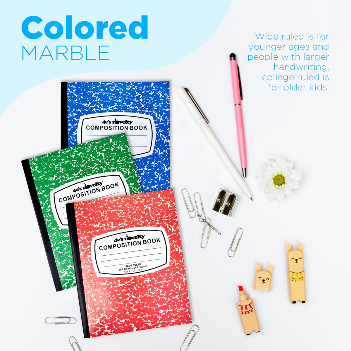 4E's Novelty Wide Ruled Composition Notebooks - Pack of 6- Hard Cover 100 Sheets 9.75" x 7.5" - Red