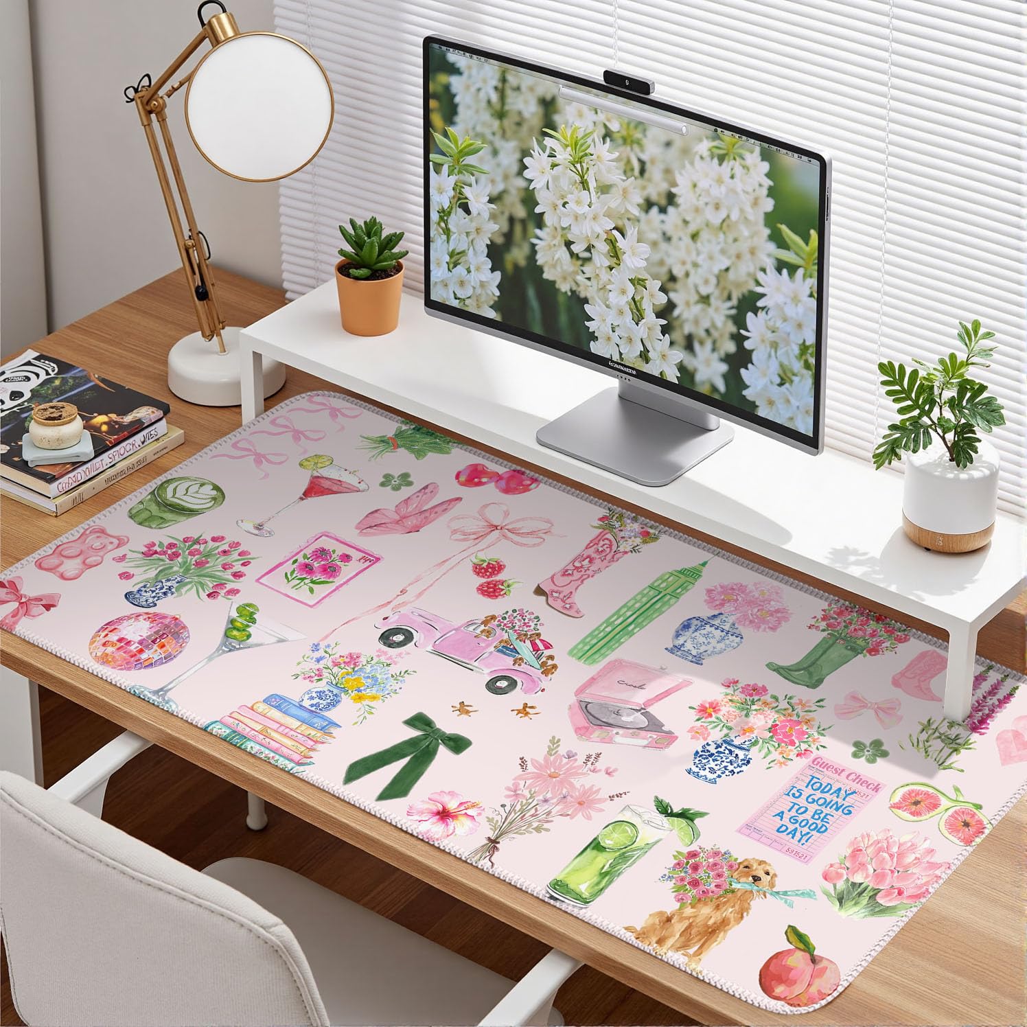 Pink Pastel Floral Desk Mat Cute Kawaii Retro Vintage XXL Large Mouse Pad Flower Desk Pad Mat