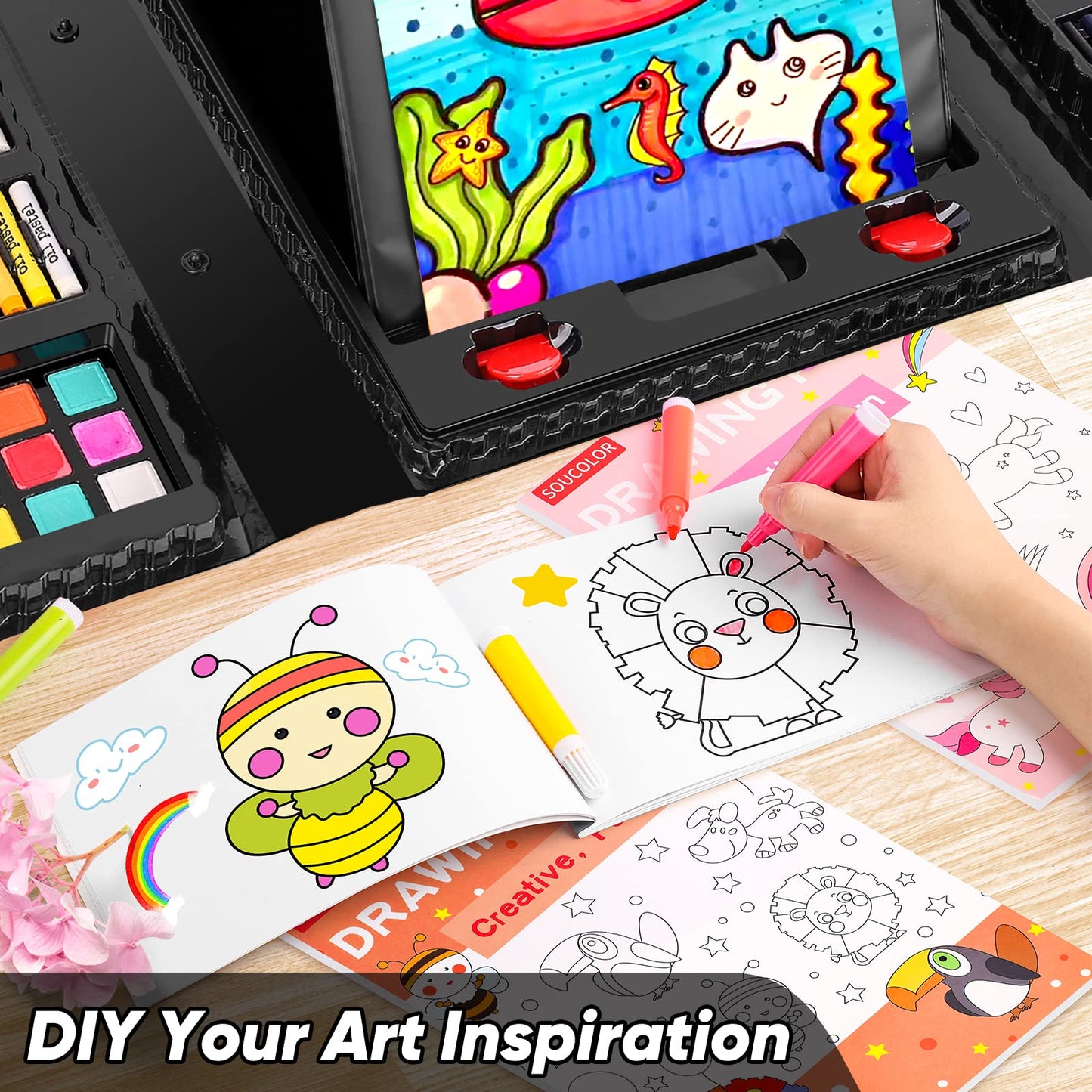 Soucolor 283 Pcs Art Supplies Drawing Set Easel Pads, Coloring Book Gift