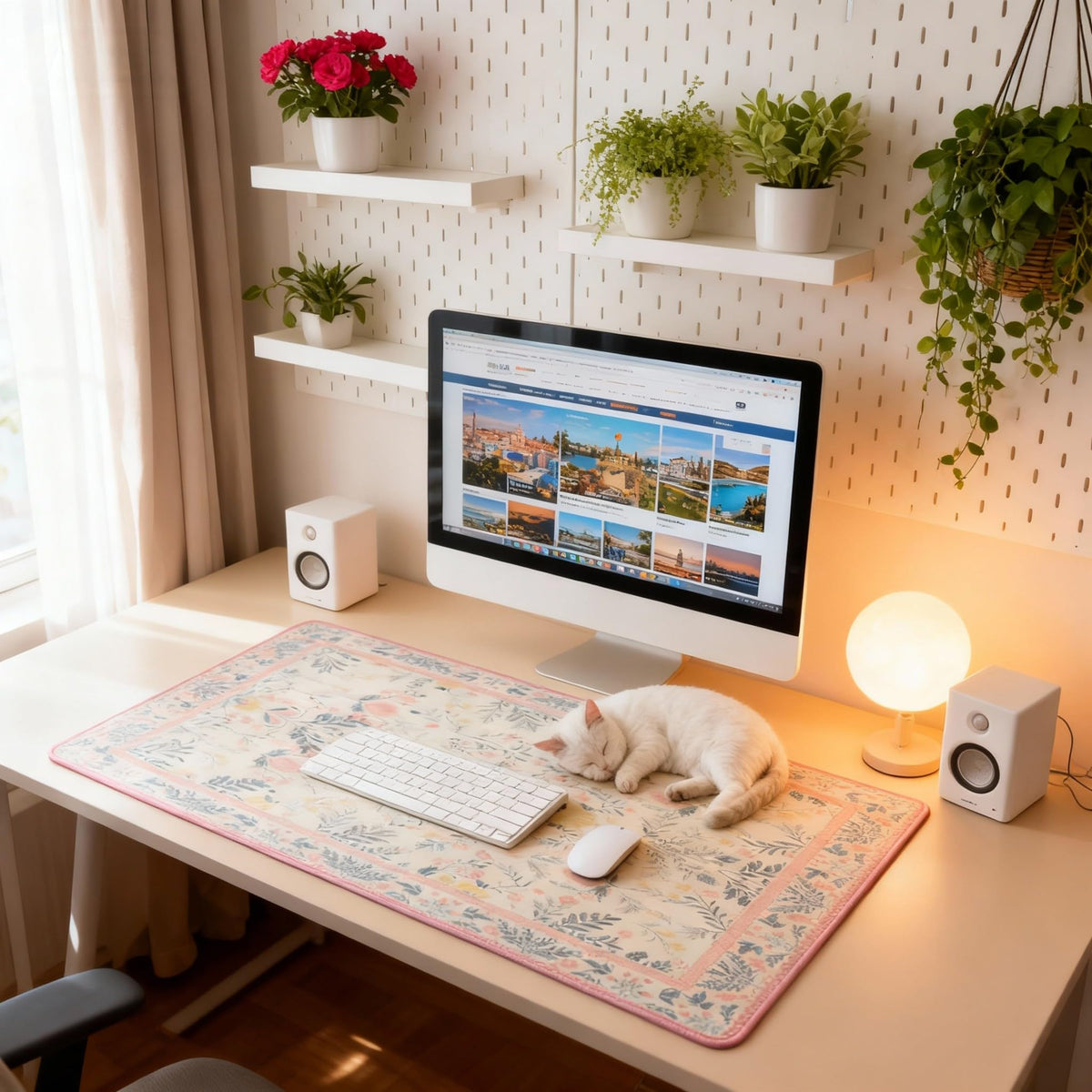XXL Large Floral Mouse Pad - Pink Flower Desk Mat with Stitched Edges & Anti-Slip Base, Cute