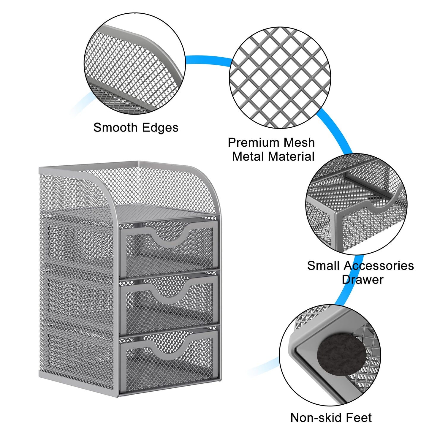 EasyPAG Mesh Desk Organizer with 3 Drawer Office Desktop Organizers and Accessories Stationery