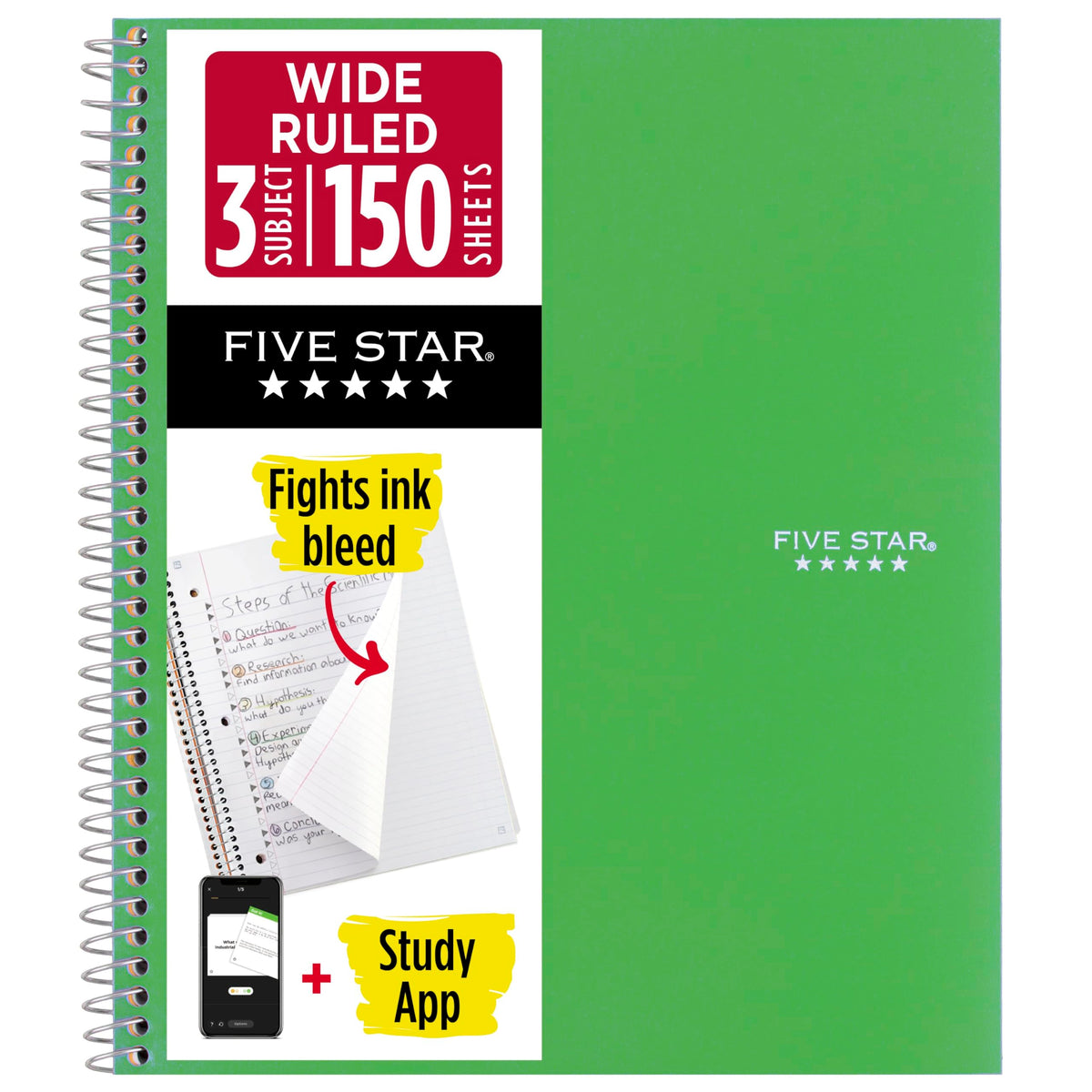 Five Star Spiral Notebook + Study App, 3 Subject, Wide Ruled Paper, 8" x 10-1/2", 150 Sheets