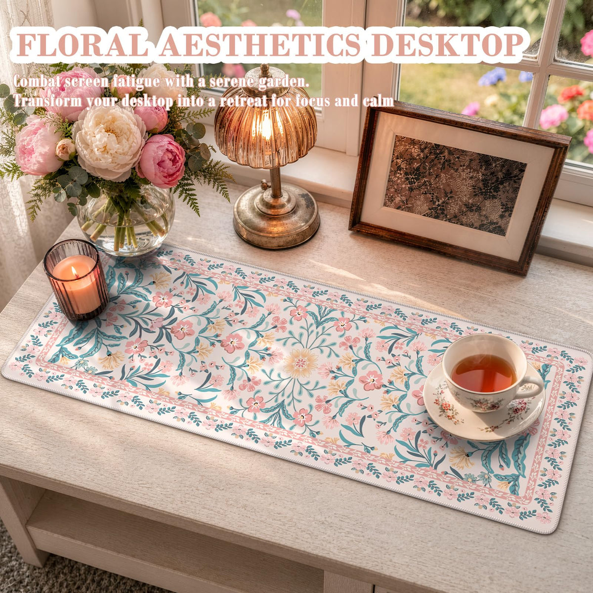 iCasso Aesthetic Desk Mat,31.5x11.8in Mouse Pads, Pink Floral