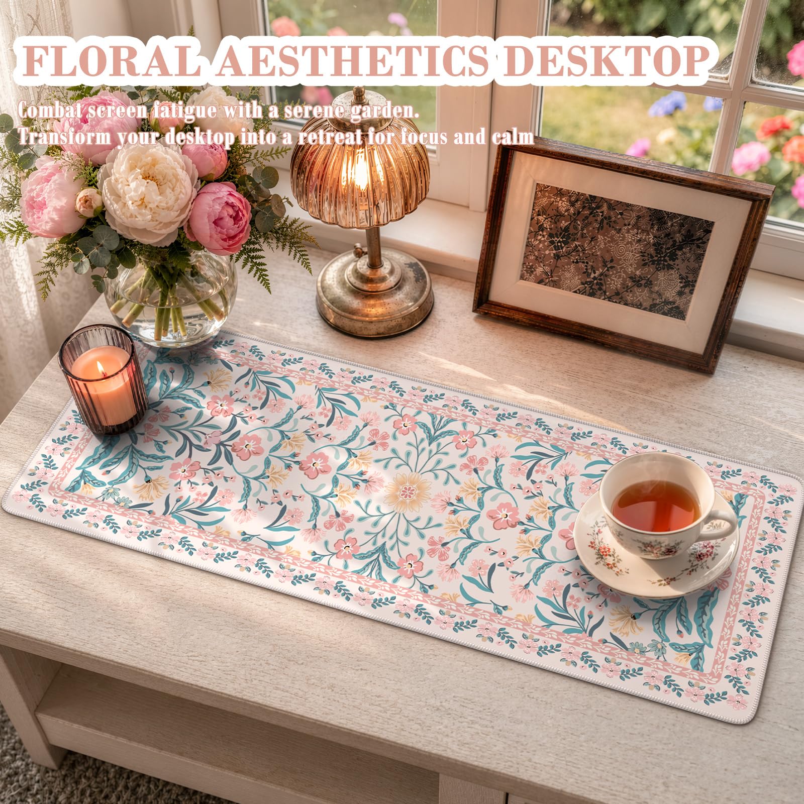 iCasso Aesthetic Desk Mat,31.5x11.8in Mouse Pads, Pink Floral