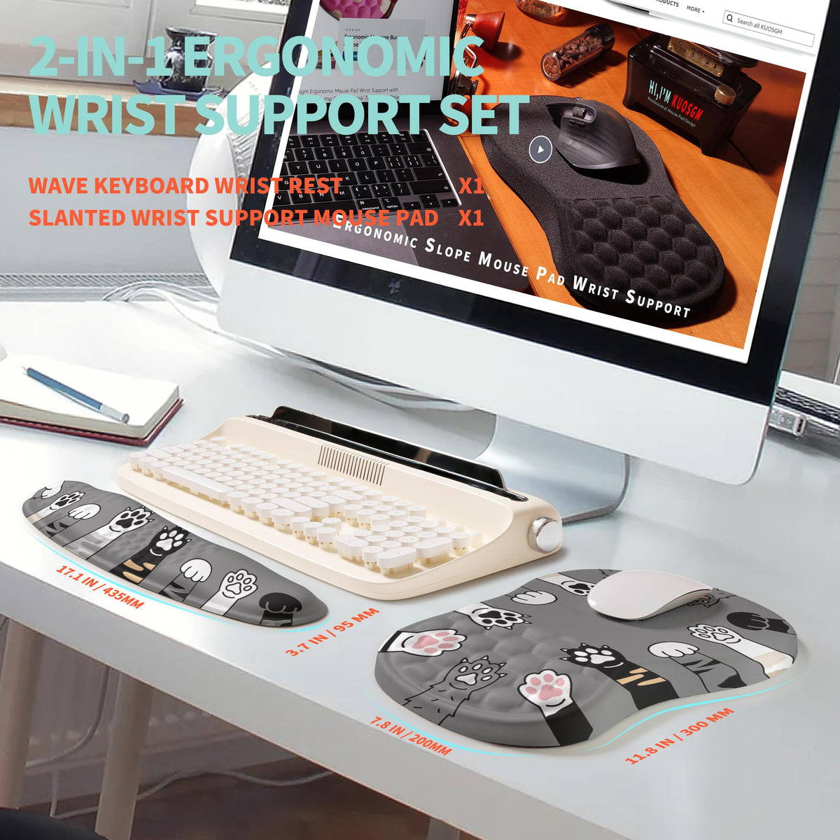 KUOSGM 2-in-1 Ergonomic Set, Wave Rise Keyboard Wrist Rest and Massage Bulge Slope Mouse Pad Wrist