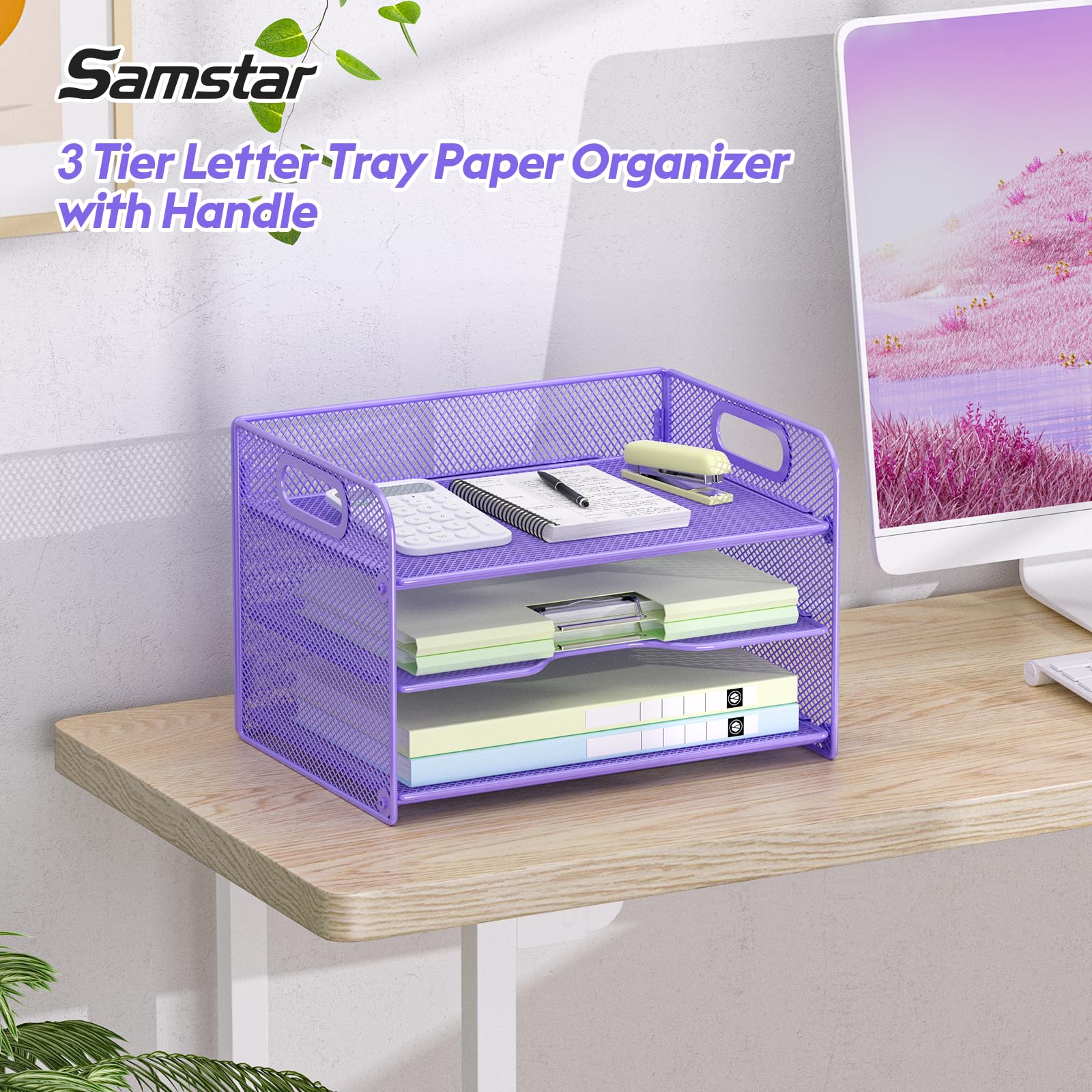 Samstar 3 Tier Purple Letter Tray Paper Organizer with Handle, Mesh Desk Organizer Paper Sorter