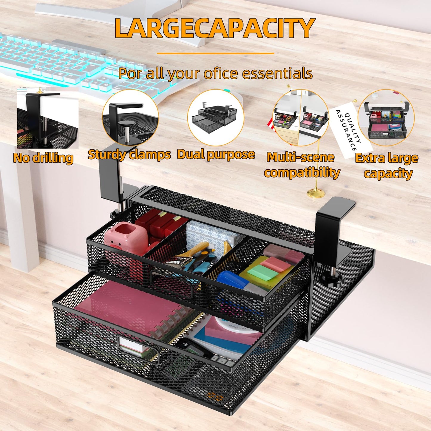 SEYHAKI Under Desk Drawer Organizer No Drilling Under Desk Storage Drawer Organizer Metal Under