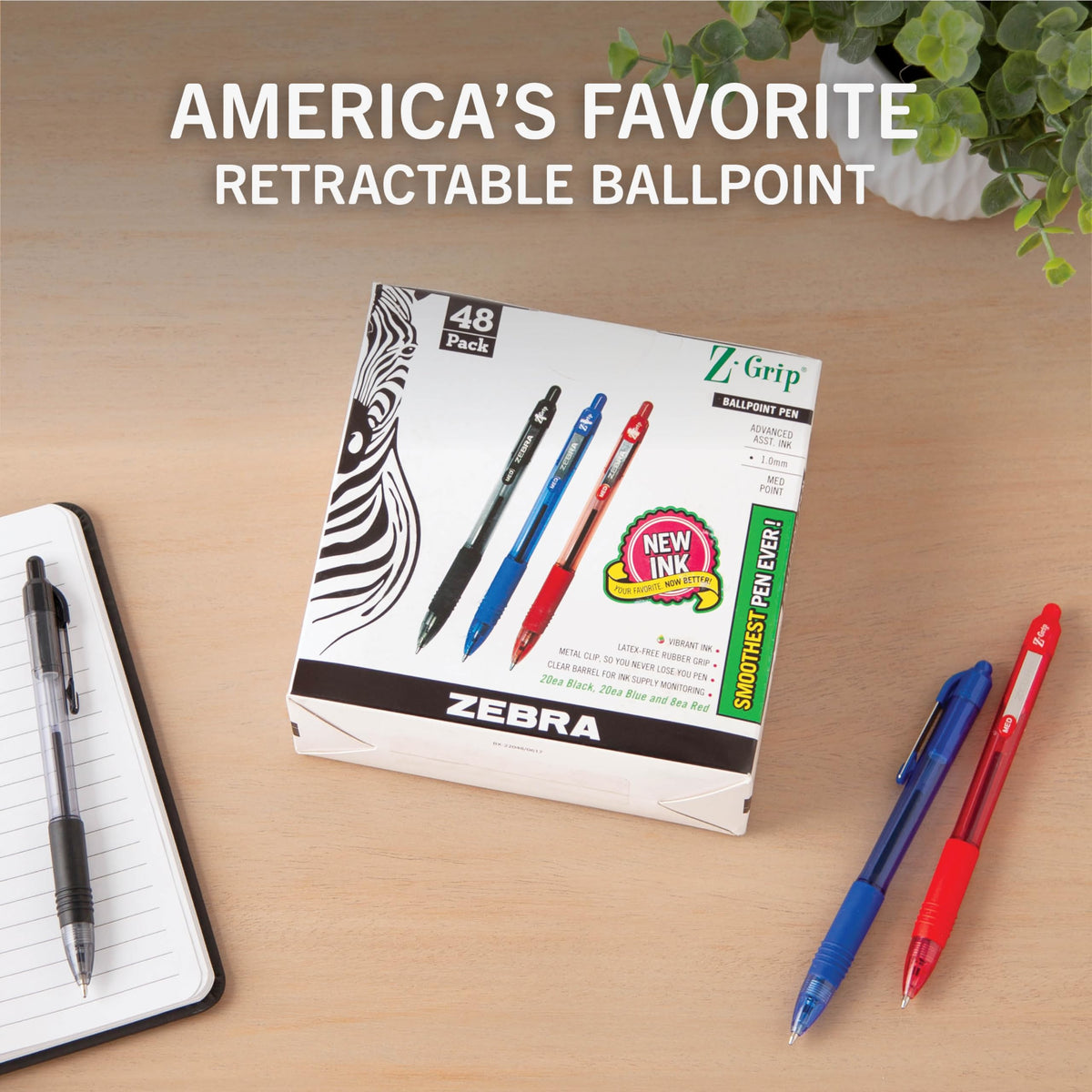 Zebra Pen Z-Grip Retractable Ballpoint Pen, Black, Blue, Red, 1.0mm, 48-Pk
