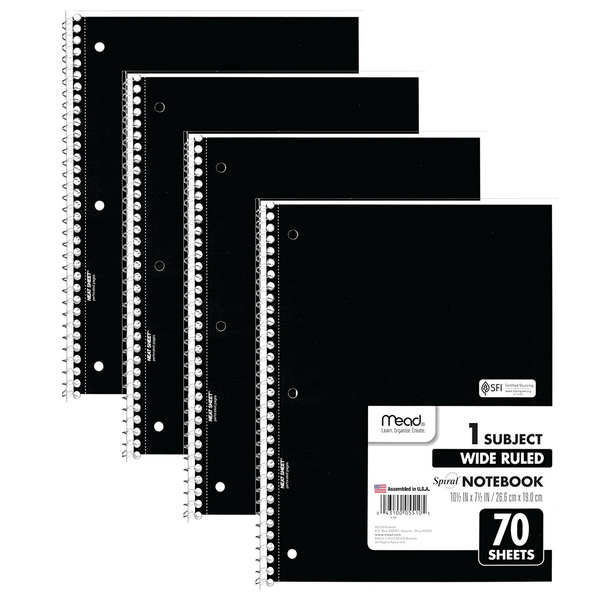 Mead Spiral Notebooks, 1 Subject, Wide Ruled Paper, 70 Sheets, 10-1/2" x 7-1/2 inches, Black, 4