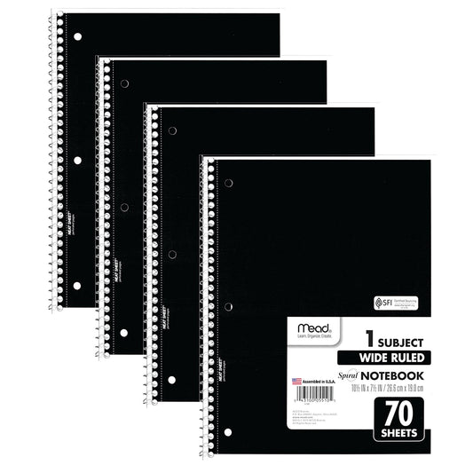 Mead Spiral Notebooks, 1 Subject, Wide Ruled Paper, 70 Sheets, 10-1/2" x 7-1/2 inches, Black, 4