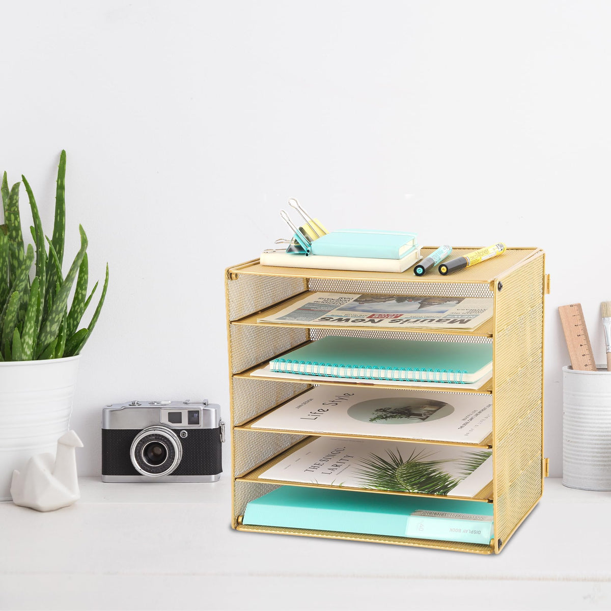 EASEPRES 5 Slot Mesh Desk Organizer Tray, File Paper Letter Folder Holder Desktop Paper Sorter Mail