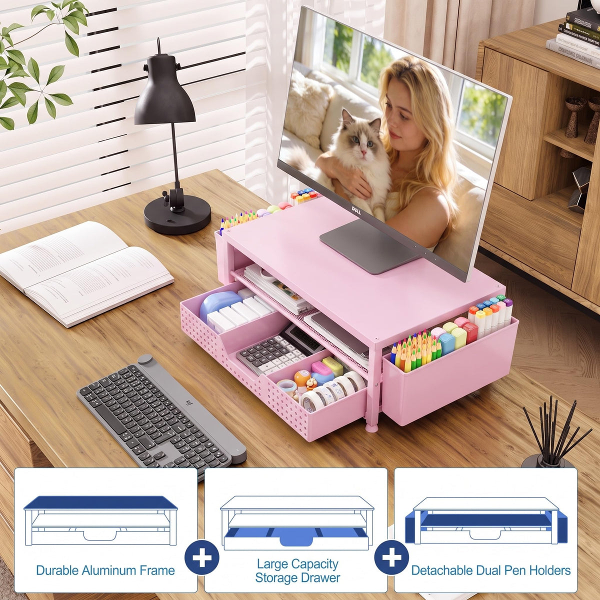 OPNICE Desk Organizers and Accessories, Computer Monitor Stand Riser with Drawer and 2 Pen Holders