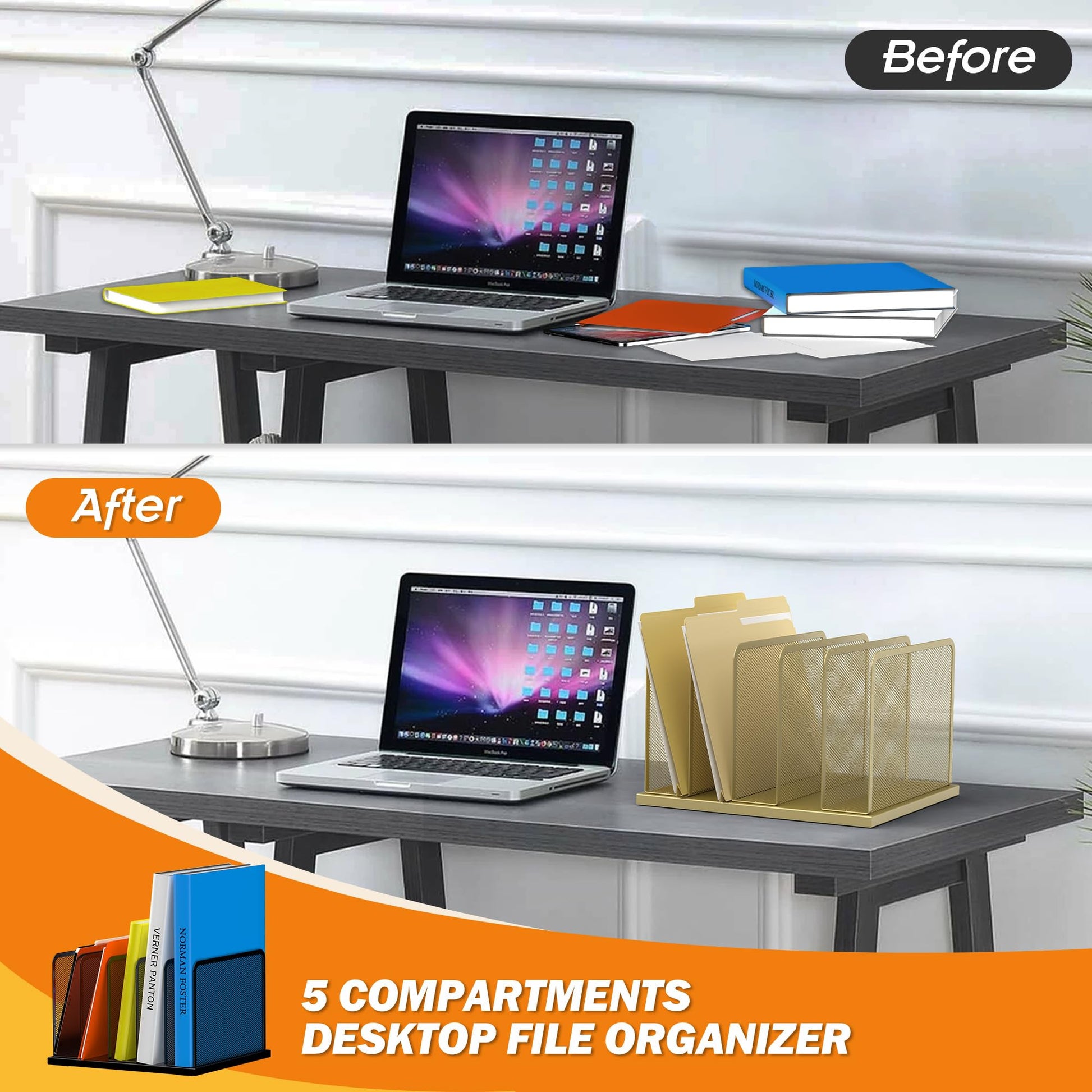 Kuntine.B 5-Section Upright Desk File Organizer Gold 1 Pack