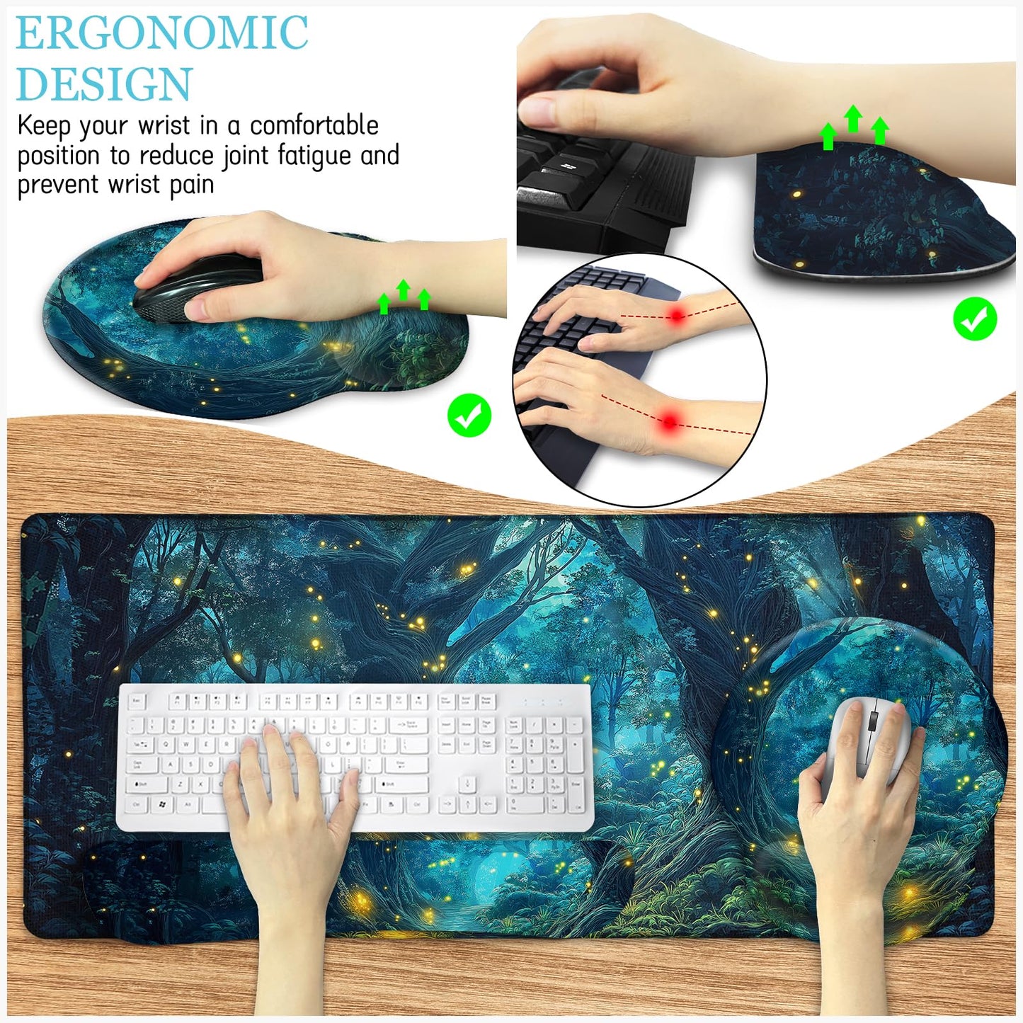 LIMKRIAN Mouse Pad with Wrist Rest, Firefly Forest Computer Desk Mat Set
