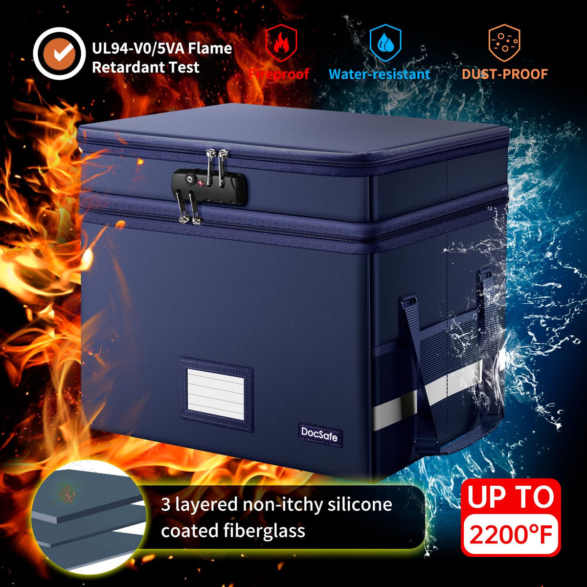 DocSafe File Box with Lock,Multi-Layer Fireproof Document Box Collapsible File Storage Organizer