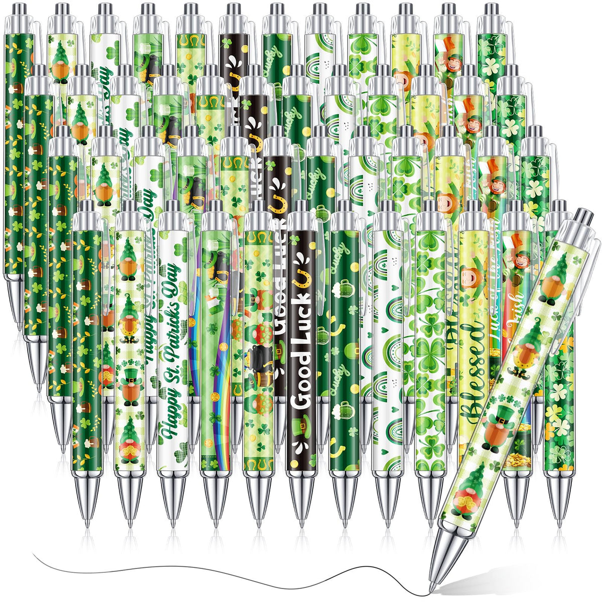 Cholemy 48 Pieces St. Patrick's Day Pens Bulk Lucky Shamrock Ballpoint Pen Retractable Irish Green