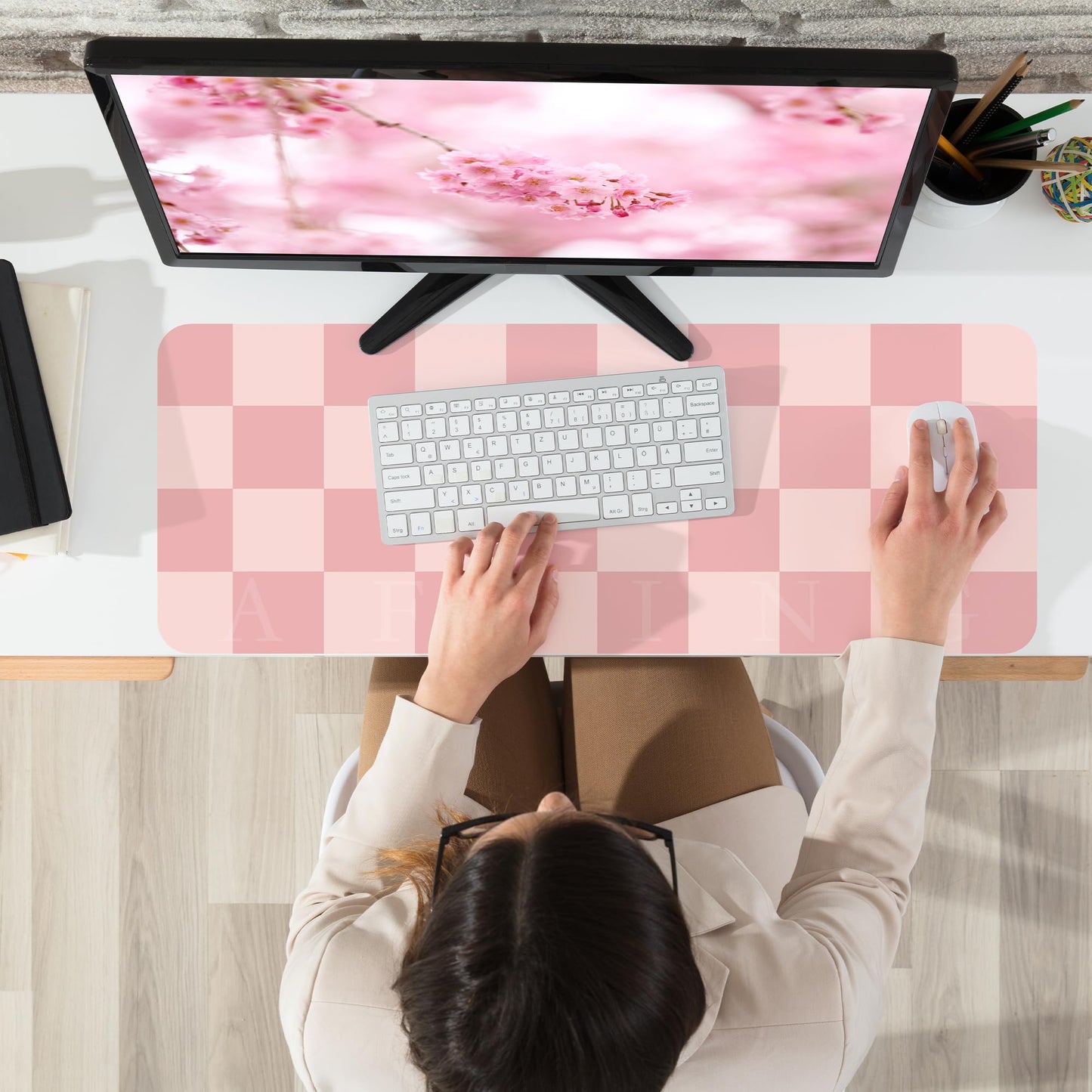 AFIING Pink Checkered Desk Mat, 31.5" x 12"，Waterproof PU Leather Desk pad