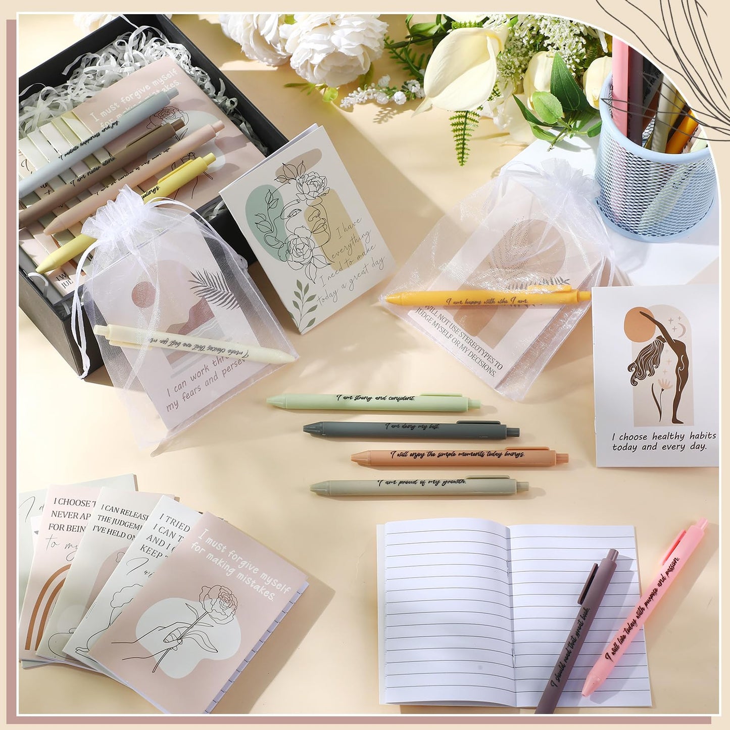 Mooliwe 48 Pcs Affirmation Notebooks Pens Bulk Gifts, Gratitude,Boho