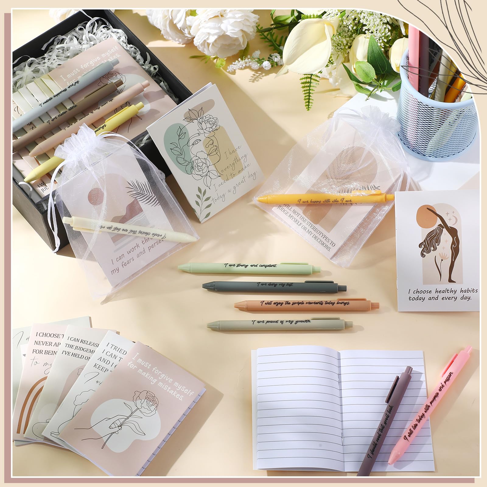 Mooliwe 48 Pcs Affirmation Notebooks Pens Bulk Gifts, Gratitude,Boho
